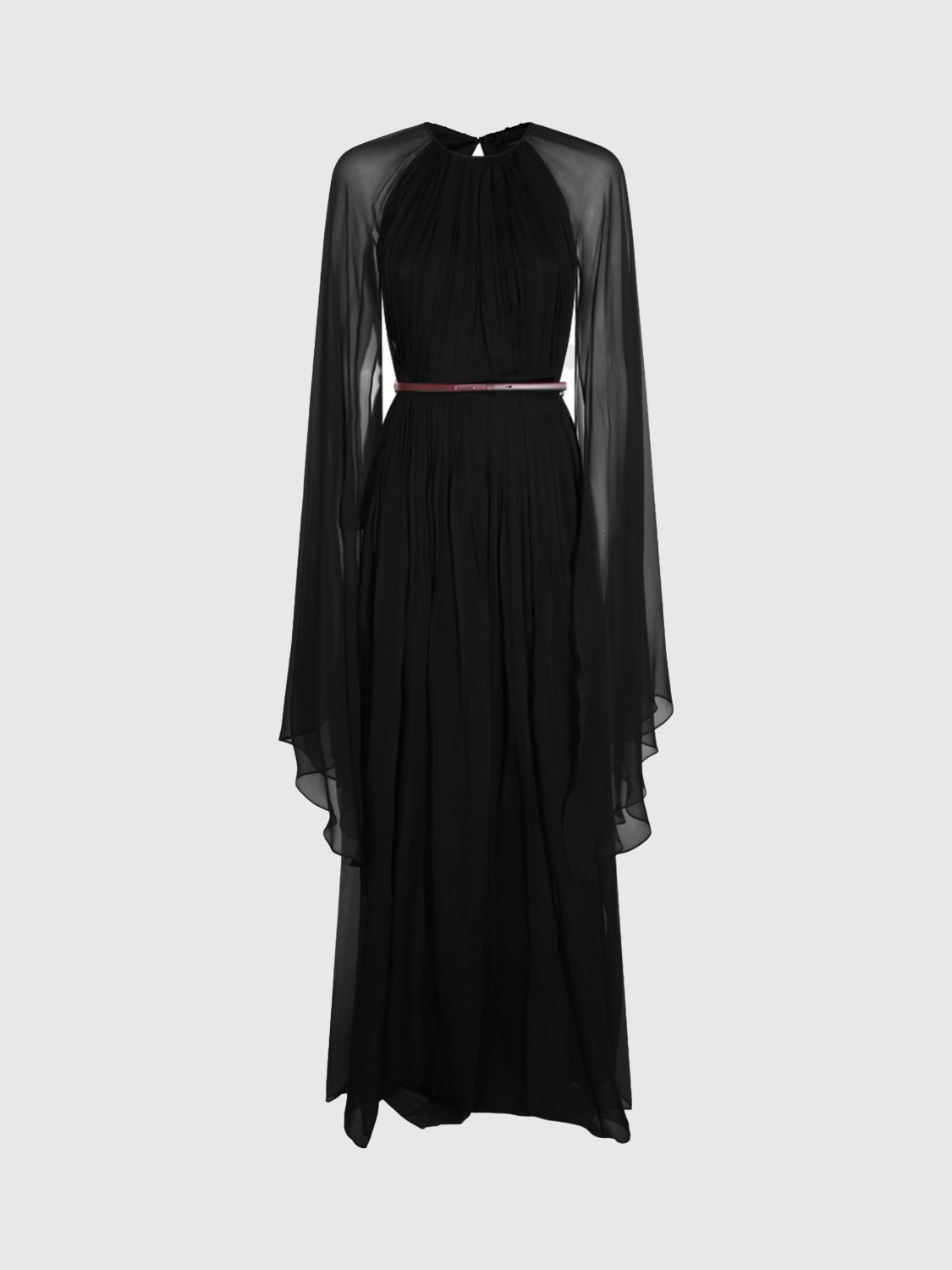 MAX MARA KLEID: Langes Abendkleid Max Mara aus Seide mit langen Ärmeln und Gürtel, Schwarz - Img 2