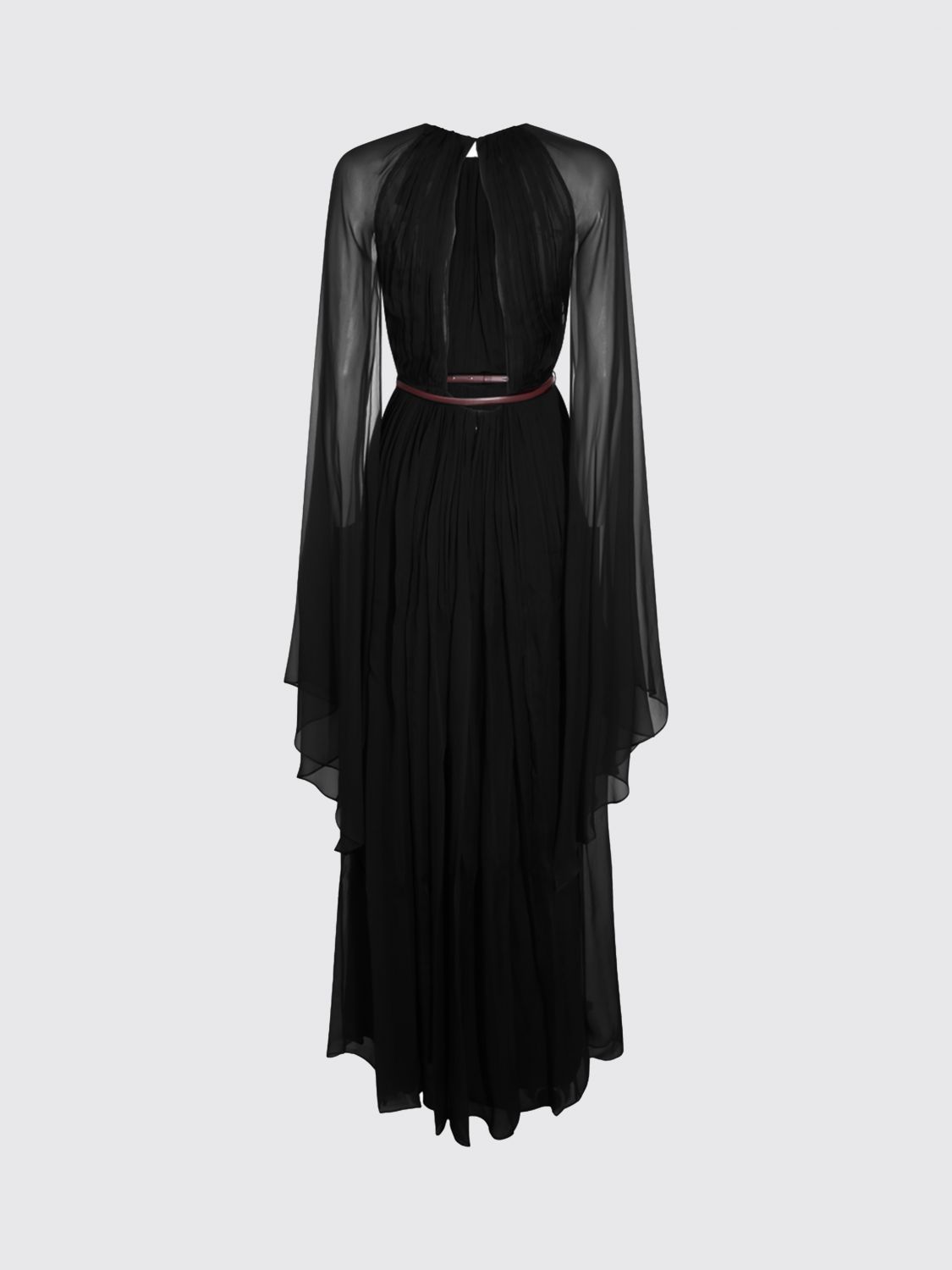 MAX MARA KLEID: Langes Abendkleid Max Mara aus Seide mit langen Ärmeln und Gürtel, Schwarz - Img 3