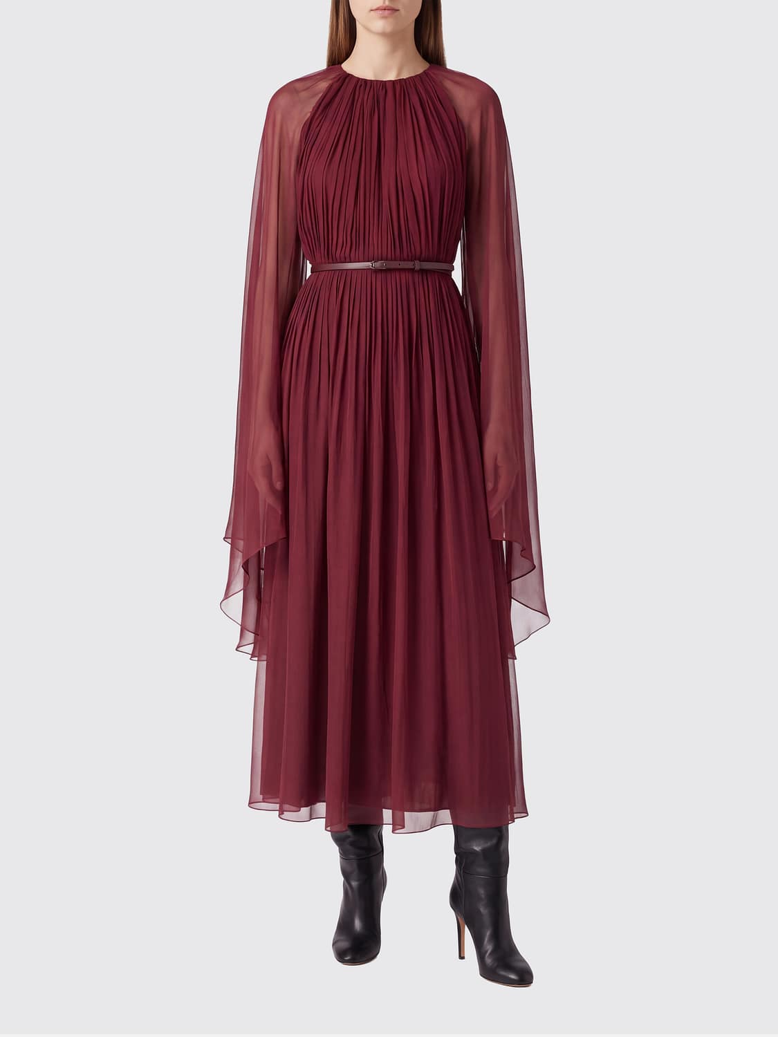 MAX MARA KLEID: Langes Abendkleid Max Mara aus Seide mit langen Ärmeln und Gürtel, Weinrot - Img 1