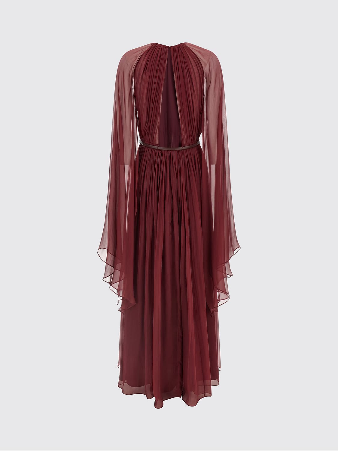MAX MARA KLEID: Langes Abendkleid Max Mara aus Seide mit langen Ärmeln und Gürtel, Weinrot - Img 3