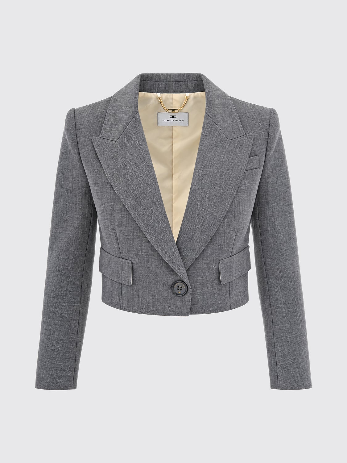 ELISABETTA FRANCHI JACKE: Cropped Einreiher-Blazer Elisabetta Franchi aus Schurwolle mit steigendem Revers, Grau - Img 2