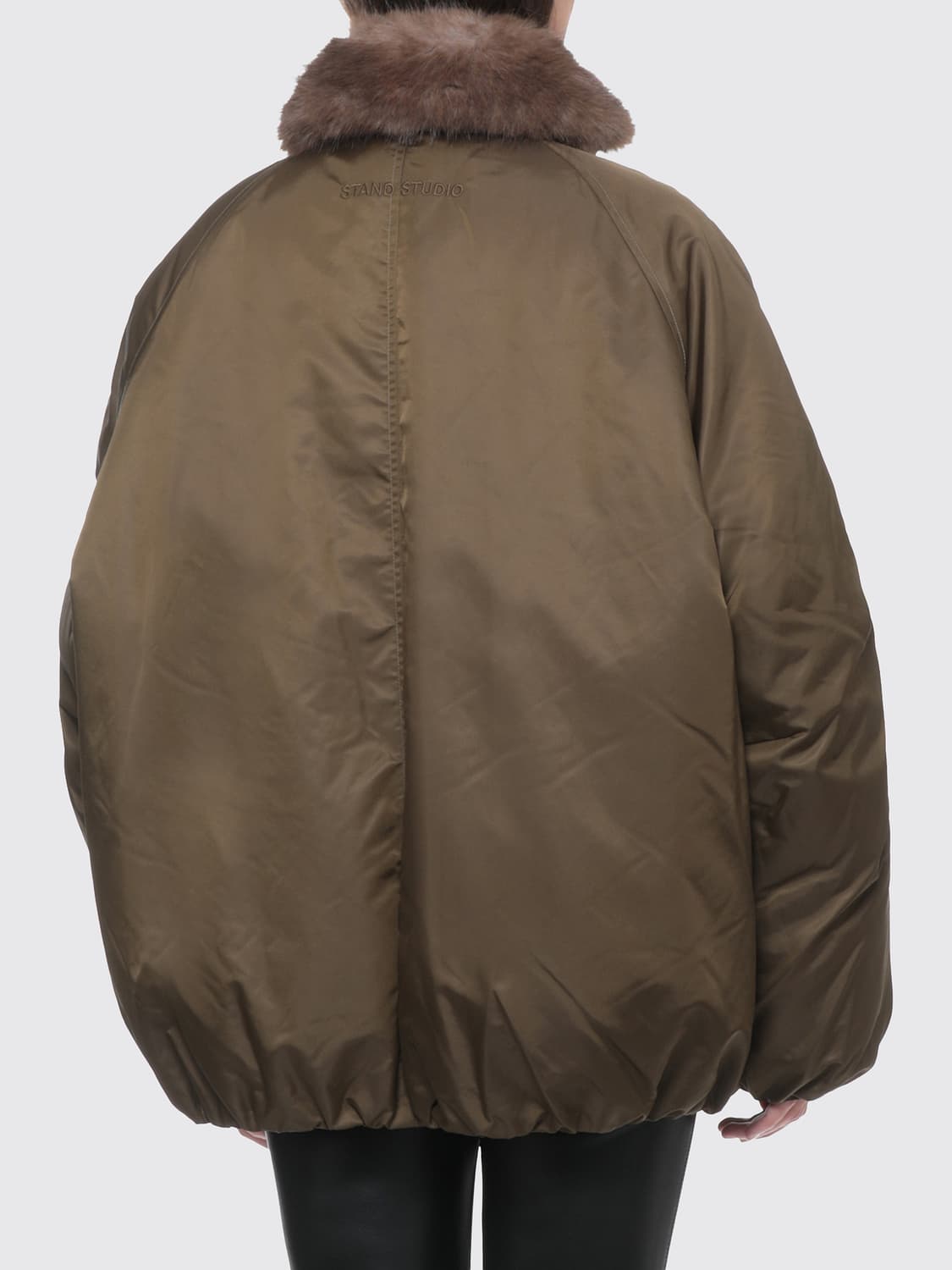 STAND STUDIO JACKET: Oversized Padded Nylon Bomber Jacket Stand Studio with Funnel Neck, Green - Img 2