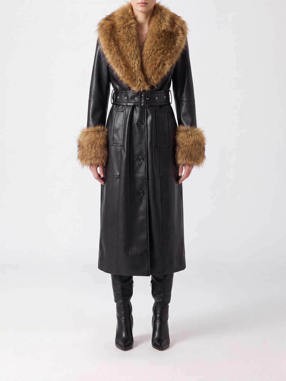 STAND STUDIO COAT: Long Faux Leather Robe Coat Stand Studio with Belt and Faux Fur Trims, Black - Img 1