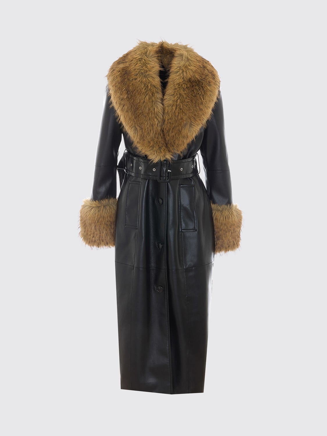 STAND STUDIO COAT: Long Faux Leather Robe Coat Stand Studio with Belt and Faux Fur Trims, Black - Img 2