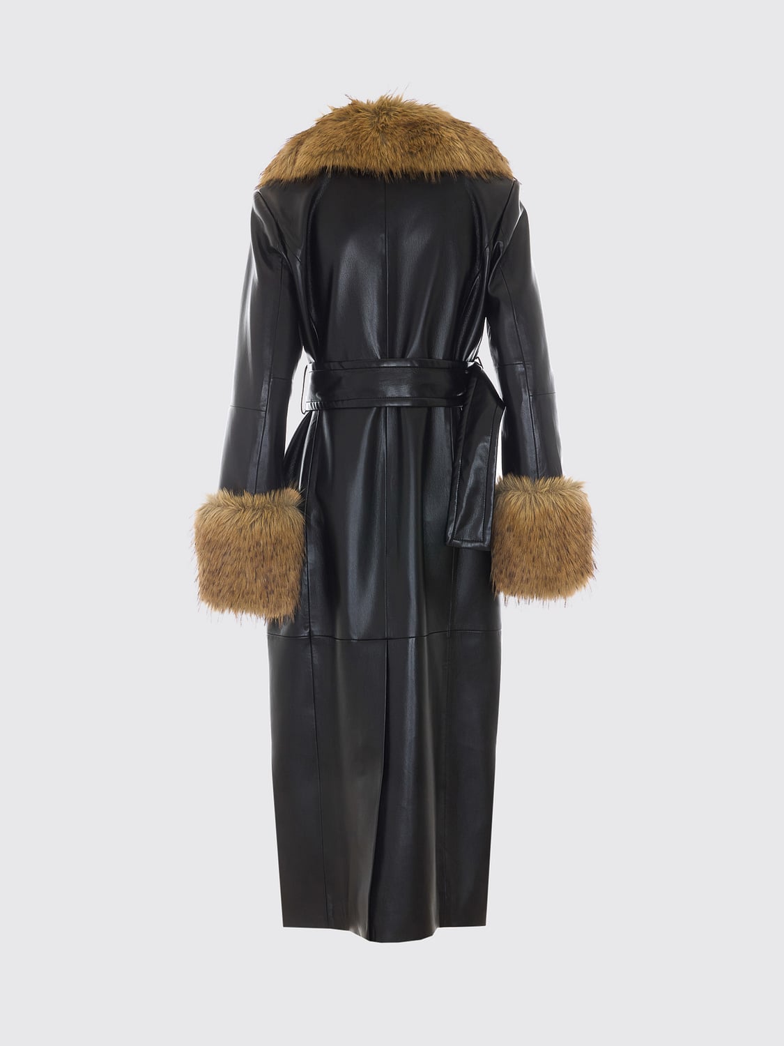 STAND STUDIO COAT: Long Faux Leather Robe Coat Stand Studio with Belt and Faux Fur Trims, Black - Img 3