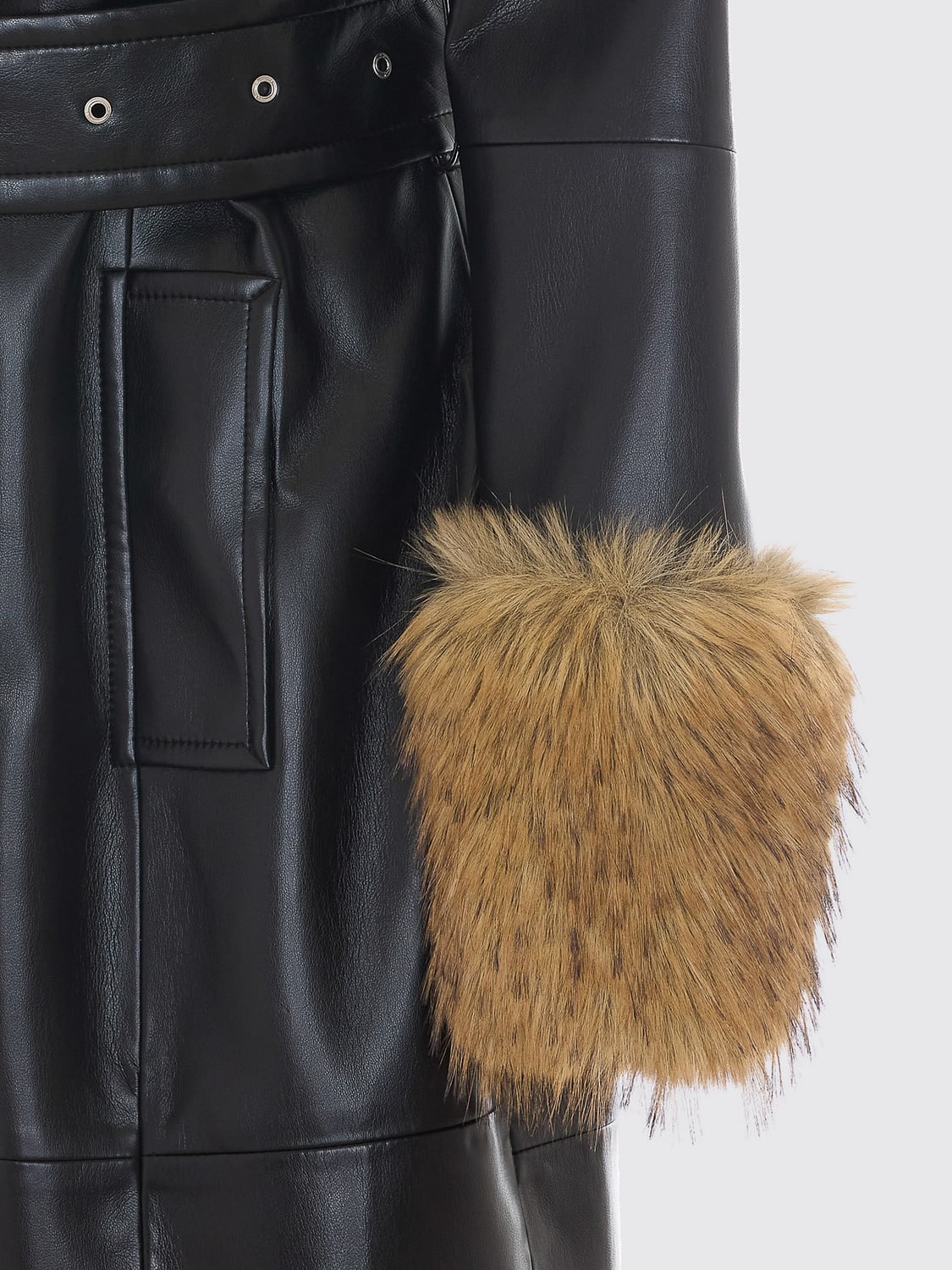 STAND STUDIO COAT: Long Faux Leather Robe Coat Stand Studio with Belt and Faux Fur Trims, Black - Img 4