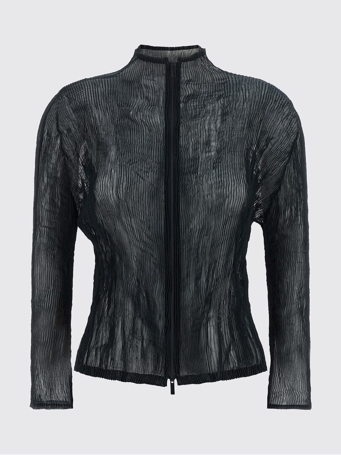 ISSEY MIYAKE JERSEY: Cárdigan Issey Miyake de cuello alto en crepé arrugado con cremallera, Azul Oscuro - Img 2