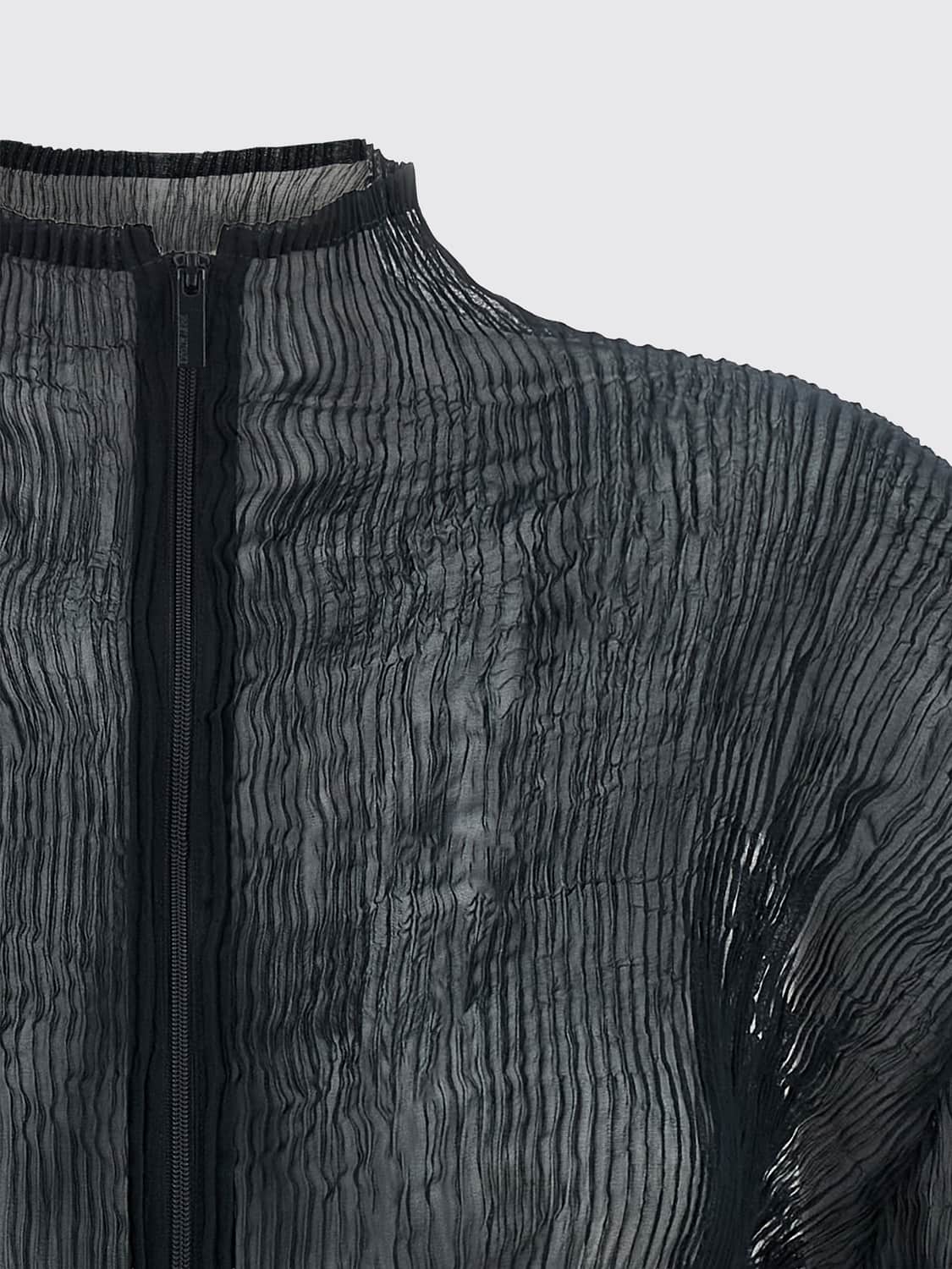 ISSEY MIYAKE JERSEY: Cárdigan Issey Miyake de cuello alto en crepé arrugado con cremallera, Azul Oscuro - Img 4