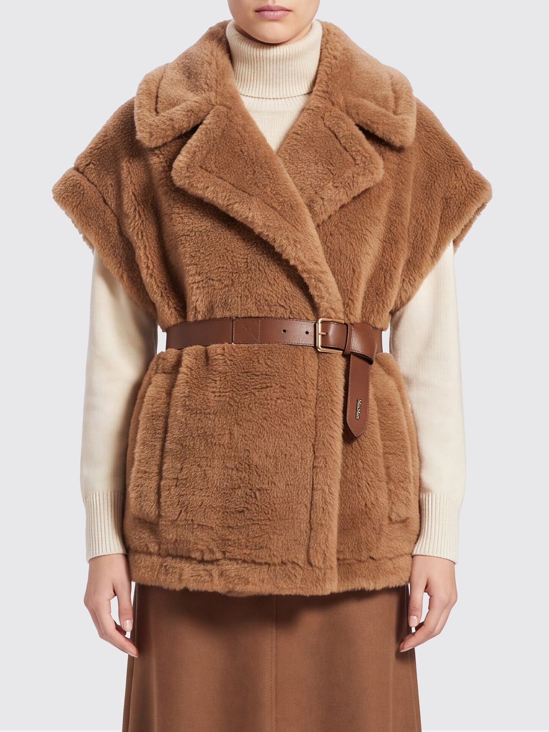 MAX MARA FUR COAT: Max Mara Short Fur Gilet with Lapel Collar and Asymmetrical Closure, Brown - Img 1