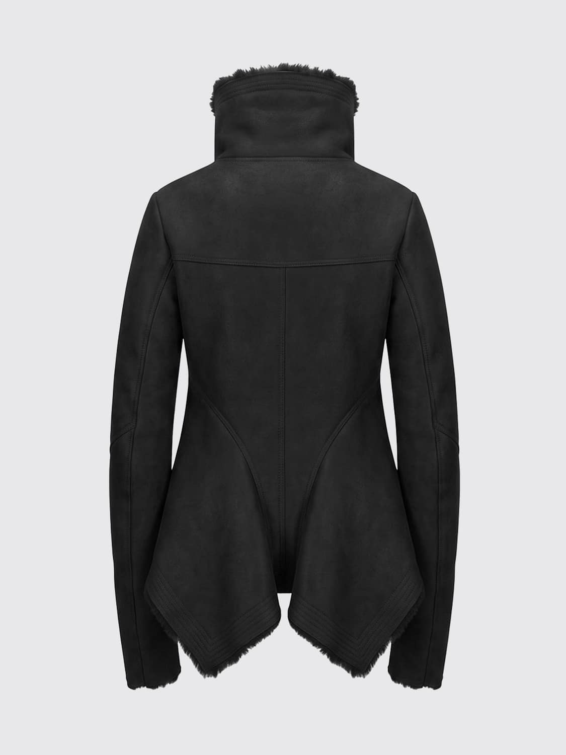 RICK OWENS CHAQUETA: Chaqueta asimétrica Rick Owens de piel de cordero con capucha y forro de shearling, Negro - Img 2