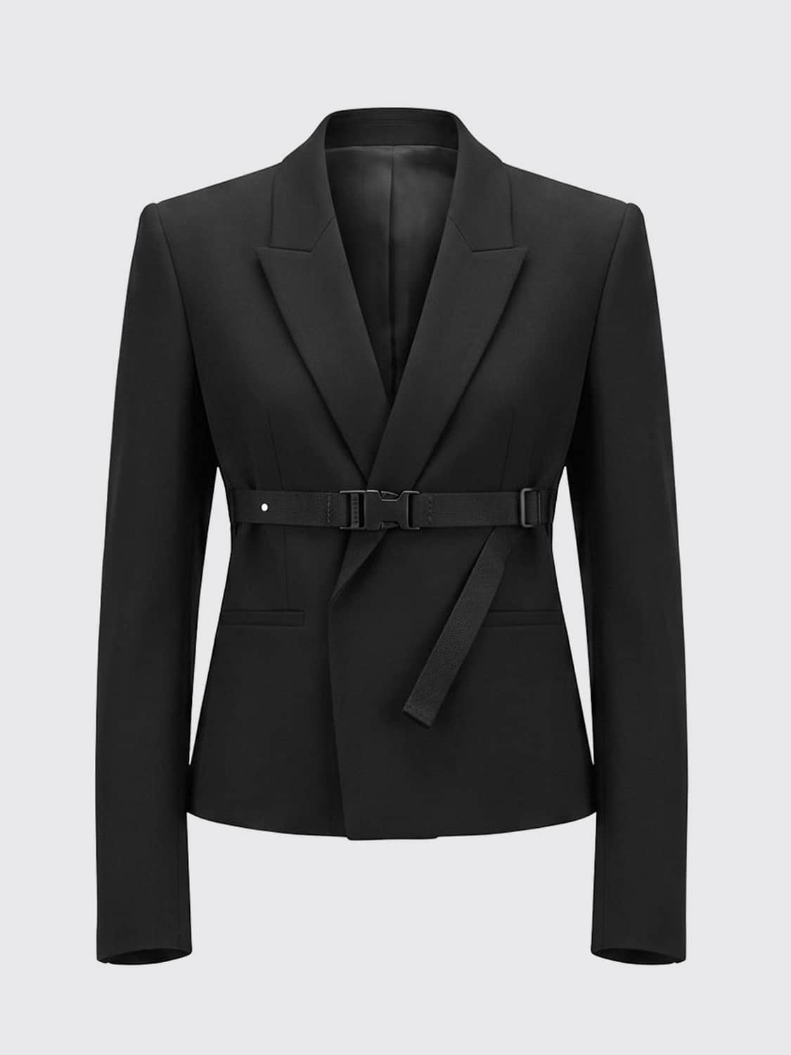 RICK OWENS CHAQUETA: Blazer cruzado de lana Rick Owens con solapas de pico y tiras decorativas, Negro - Img 1