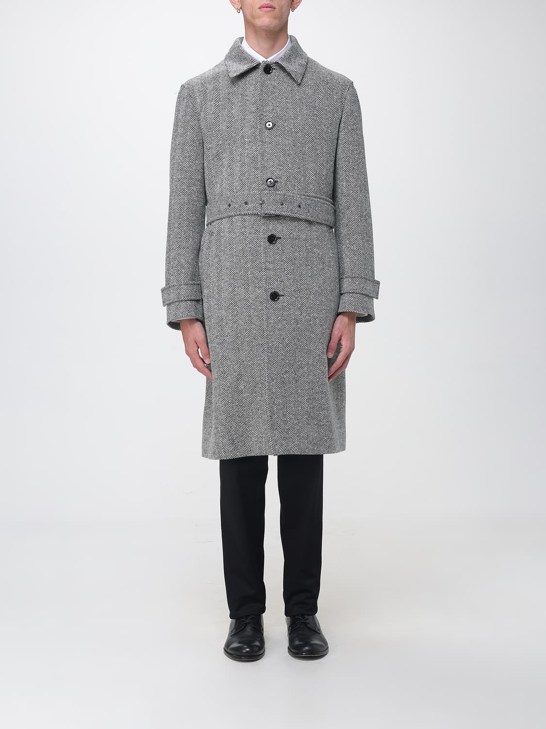 LARDINI COAT: Lardini Single-Breasted Long Wool Blend Chevron Coat with Belt, White - Img 1