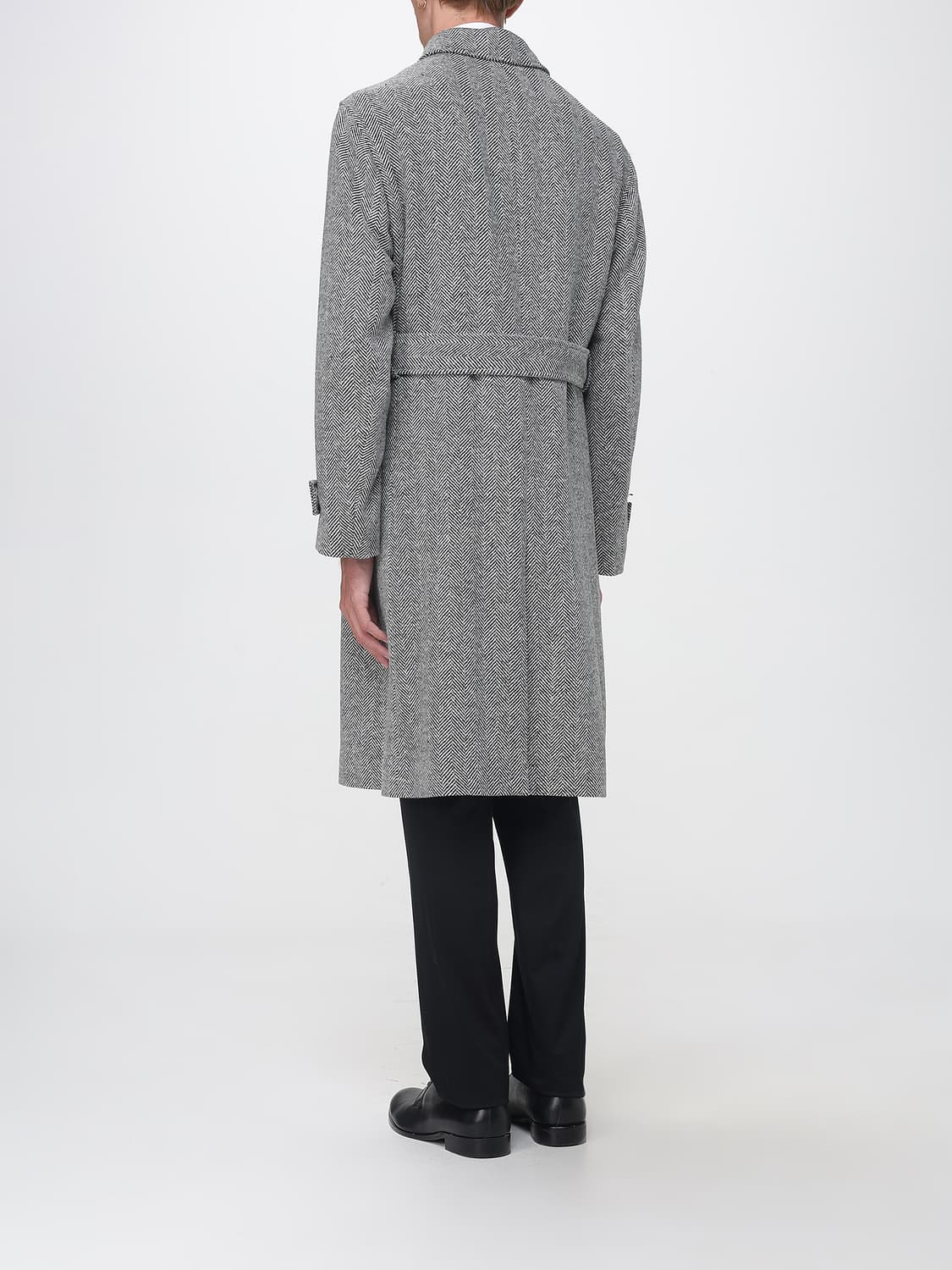 LARDINI COAT: Lardini Single-Breasted Long Wool Blend Chevron Coat with Belt, White - Img 2