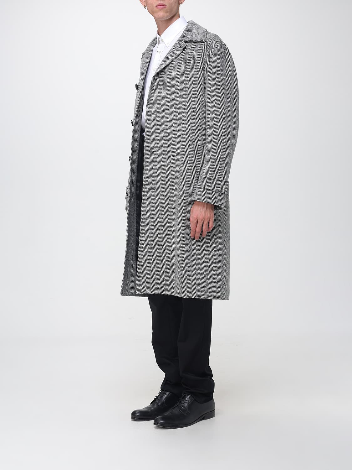 LARDINI COAT: Lardini Single-Breasted Long Wool Blend Chevron Coat with Belt, White - Img 3