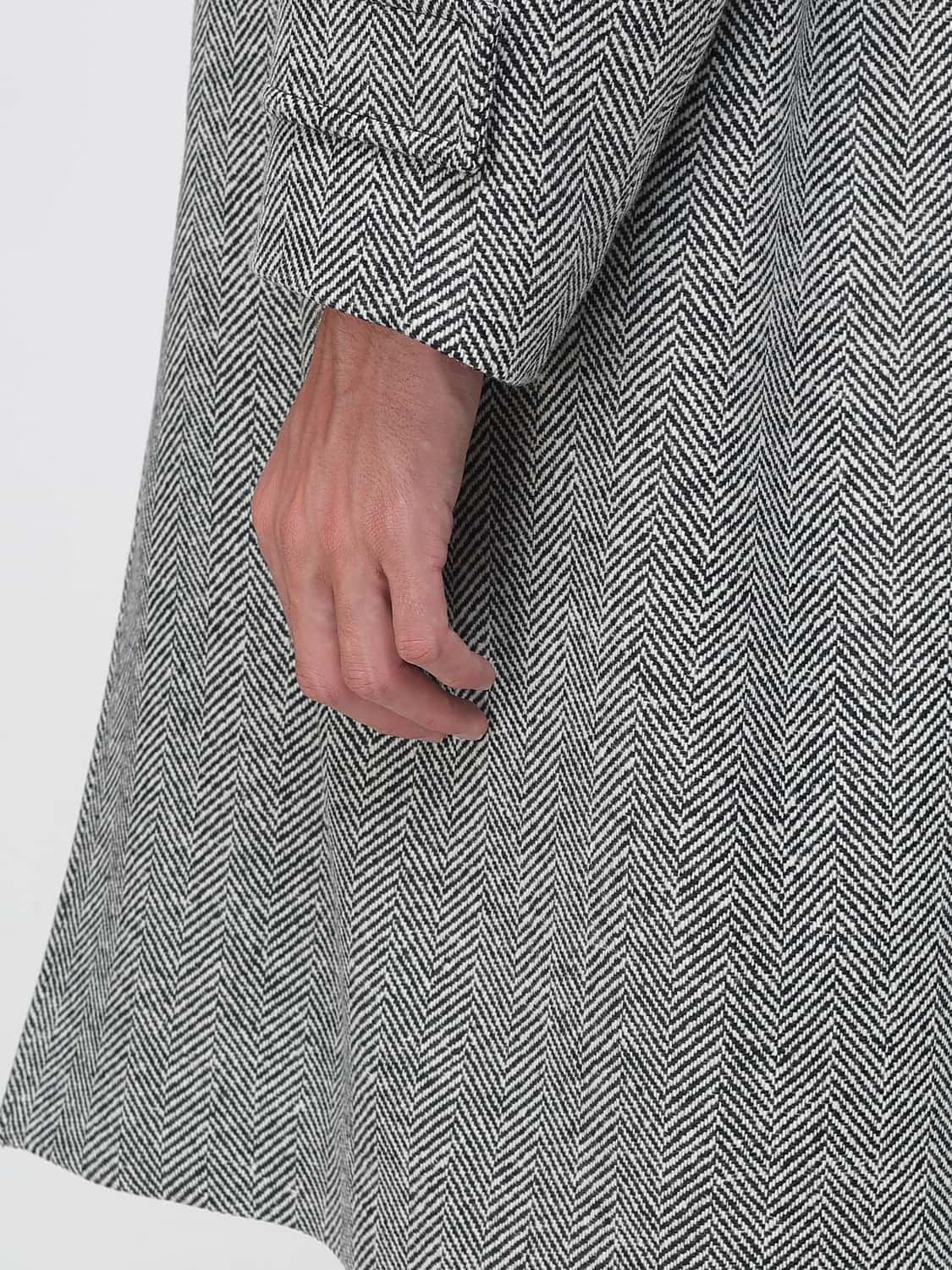 LARDINI COAT: Lardini Single-Breasted Long Wool Blend Chevron Coat with Belt, White - Img 4