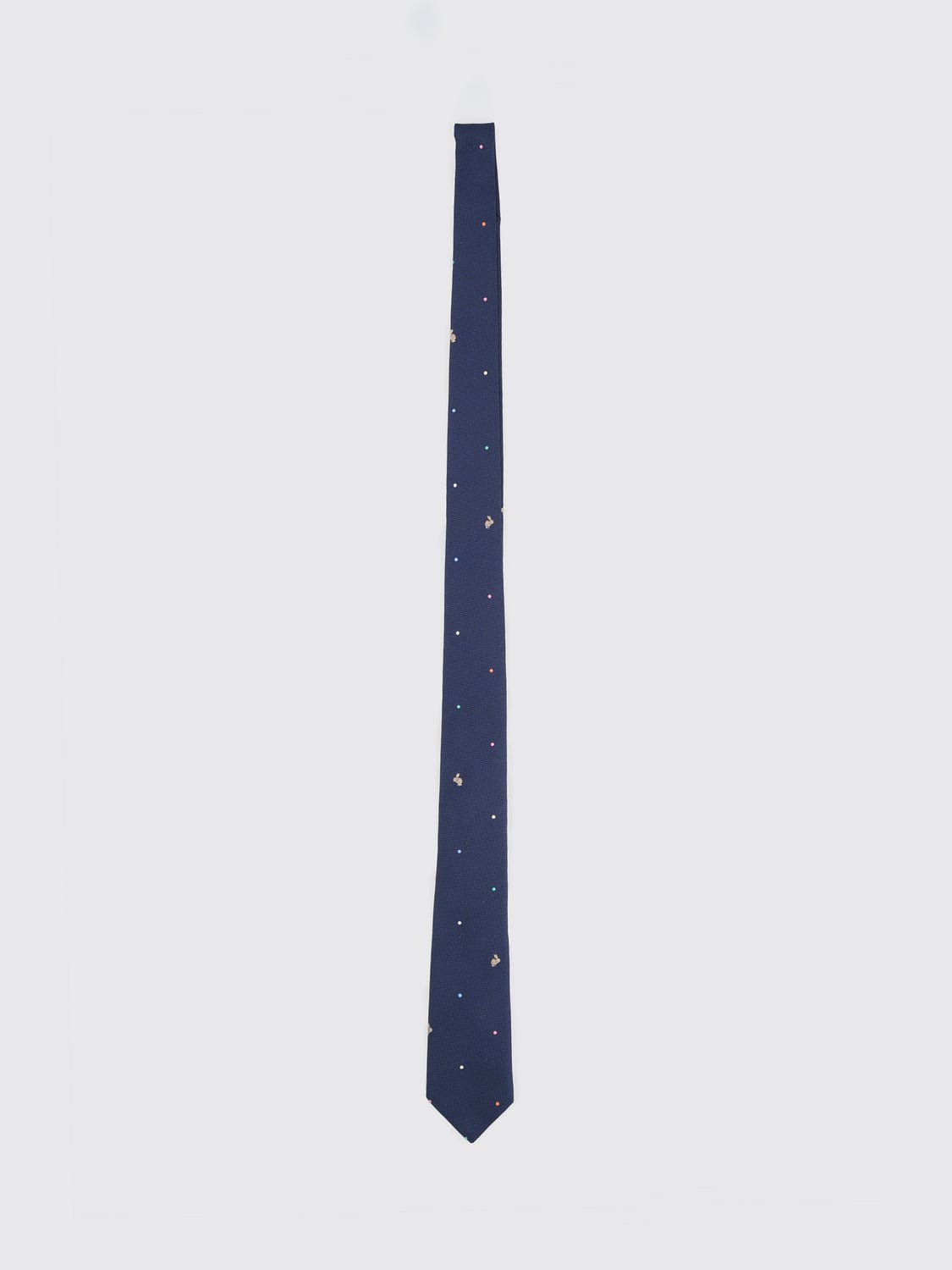 PAUL SMITH TIE: Paul Smith Pure Silk Tie with Embroidered Polka Dots and Logo Loop, Blue - Img 1
