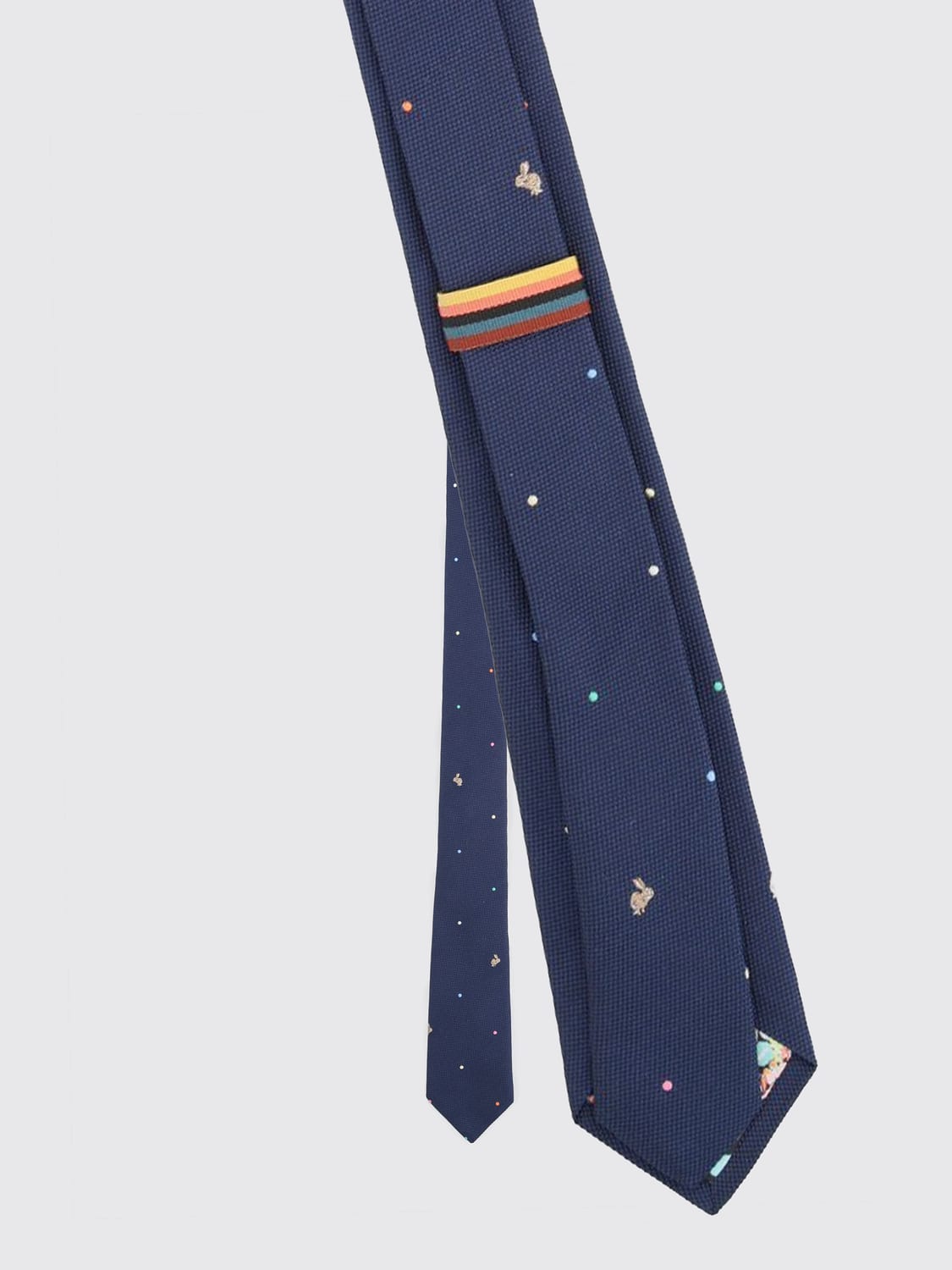 PAUL SMITH TIE: Paul Smith Pure Silk Tie with Embroidered Polka Dots and Logo Loop, Blue - Img 2