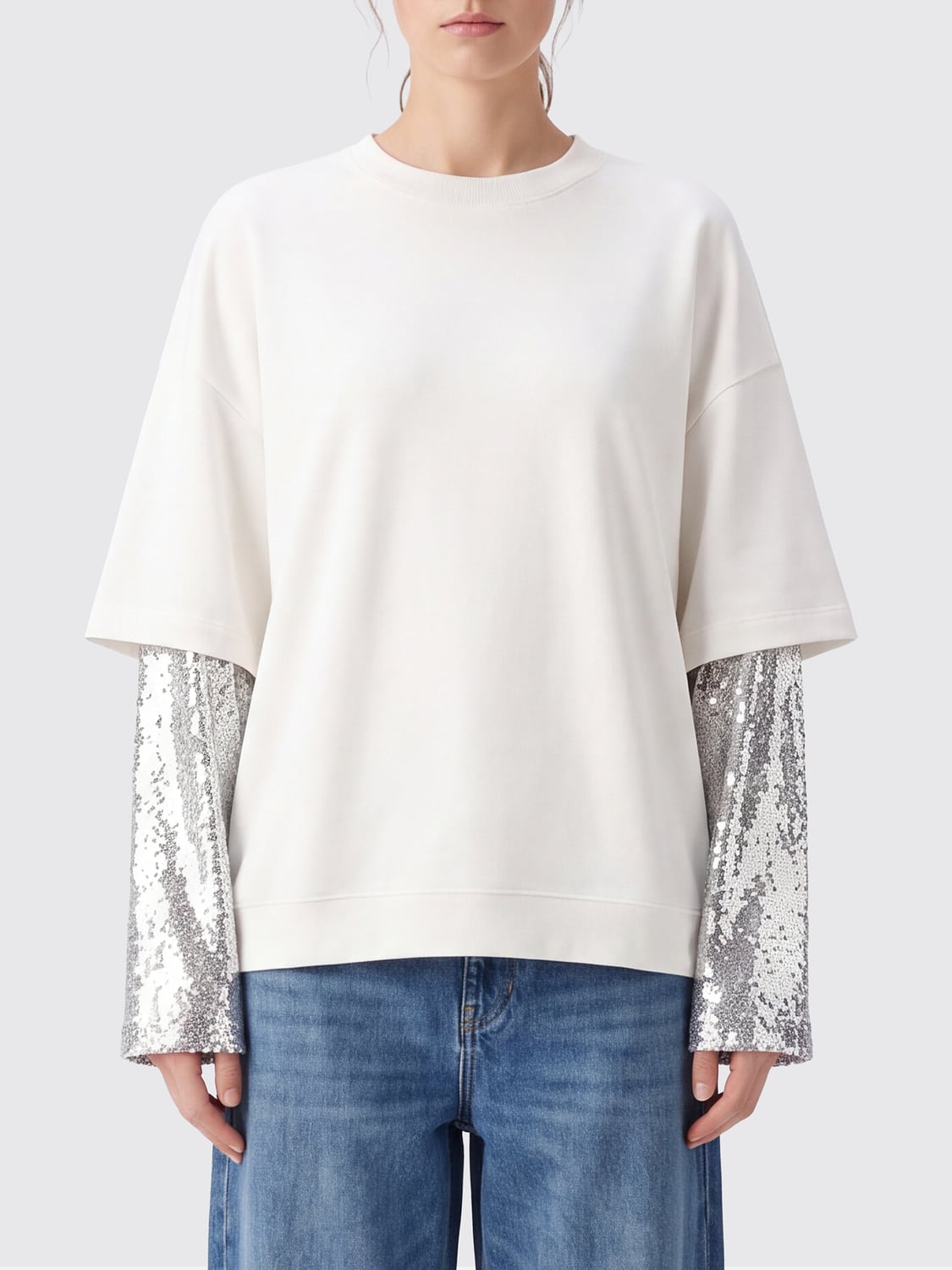 DARKPARK T-SHIRTS: T-shirt Darkpark a maniche lunghe in cotone con ricamo di paillettes, Silver - Img 1