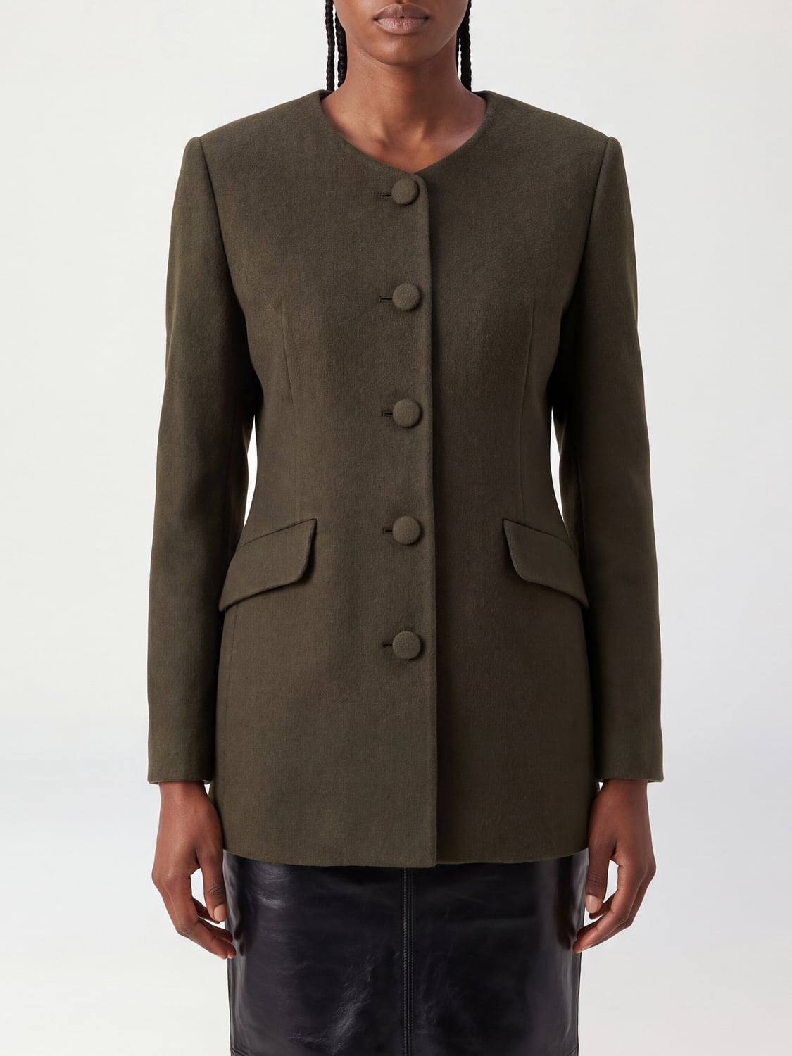 LISA YANG JACKET: Lisa Yang Single-Breasted Wool and Cashmere Blend Short Crew Neck Blazer, Green - Img 1