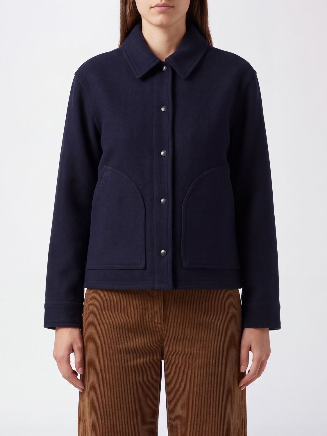 FILSON ABRIGO: Abrigo corto de lana de botonadura sencilla Filson con estampado de cuadros y cuello clásico, Azul Oscuro - Img 1