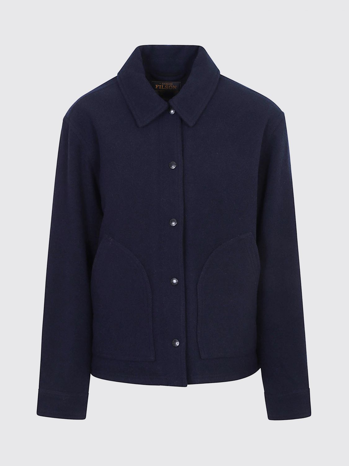 FILSON ABRIGO: Abrigo corto de lana de botonadura sencilla Filson con estampado de cuadros y cuello clásico, Azul Oscuro - Img 2