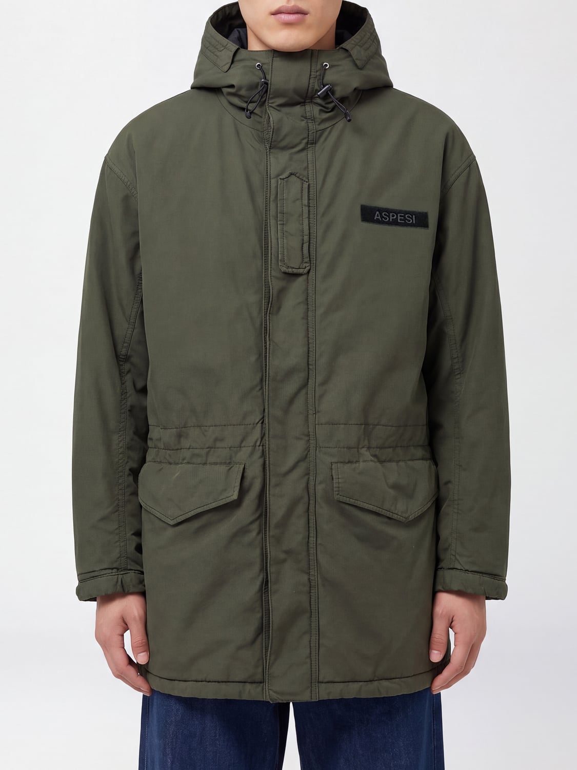 ASPESI COAT: Knee-Length Hooded Parka Aspesi with Padded Hood and Drawstring, Military - Img 1