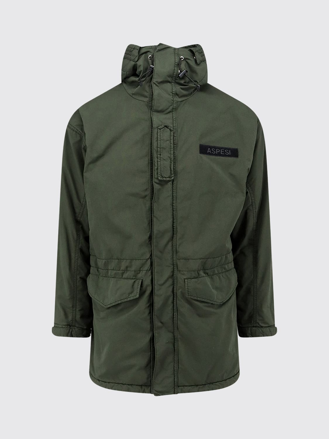 ASPESI COAT: Knee-Length Hooded Parka Aspesi with Padded Hood and Drawstring, Military - Img 2