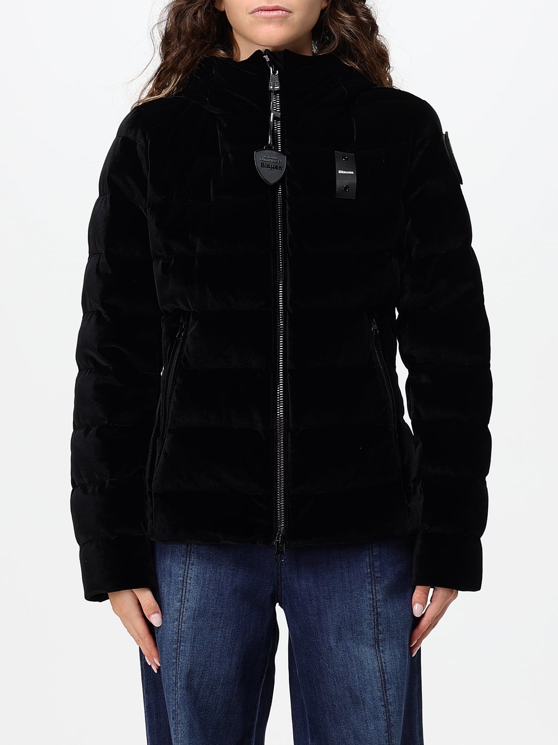 BLAUER КУРТКА: Короткий приталенный пуховик Blauer из стеганого бархата с капюшоном, Черный - Img 1