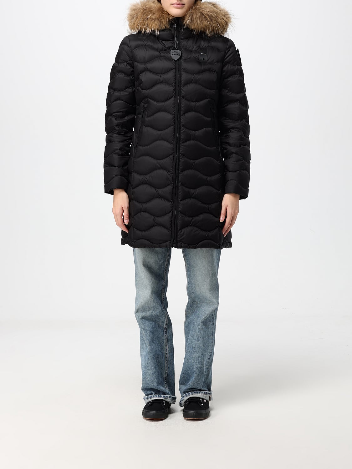BLAUER JACKE: Lange Slim-Fit-Daunenjacke Blauer aus Nylon mit Shearling-Kapuze, Schwarz - Img 1