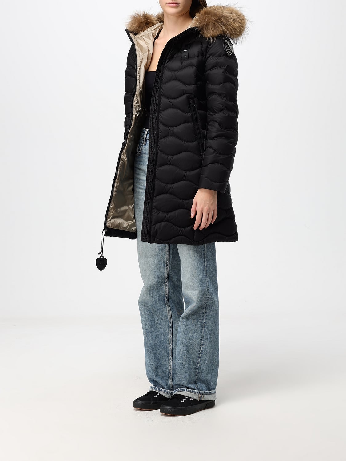 BLAUER JACKE: Lange Slim-Fit-Daunenjacke Blauer aus Nylon mit Shearling-Kapuze, Schwarz - Img 3