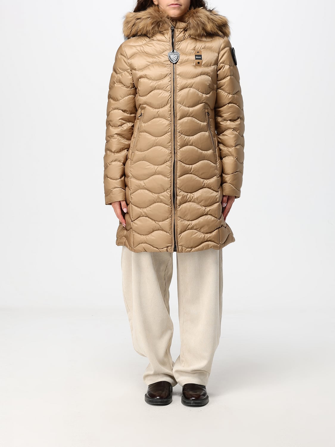 BLAUER JACKE: Lange Slim-Fit-Daunenjacke Blauer aus Nylon mit Shearling-Kapuze, Beige - Img 1