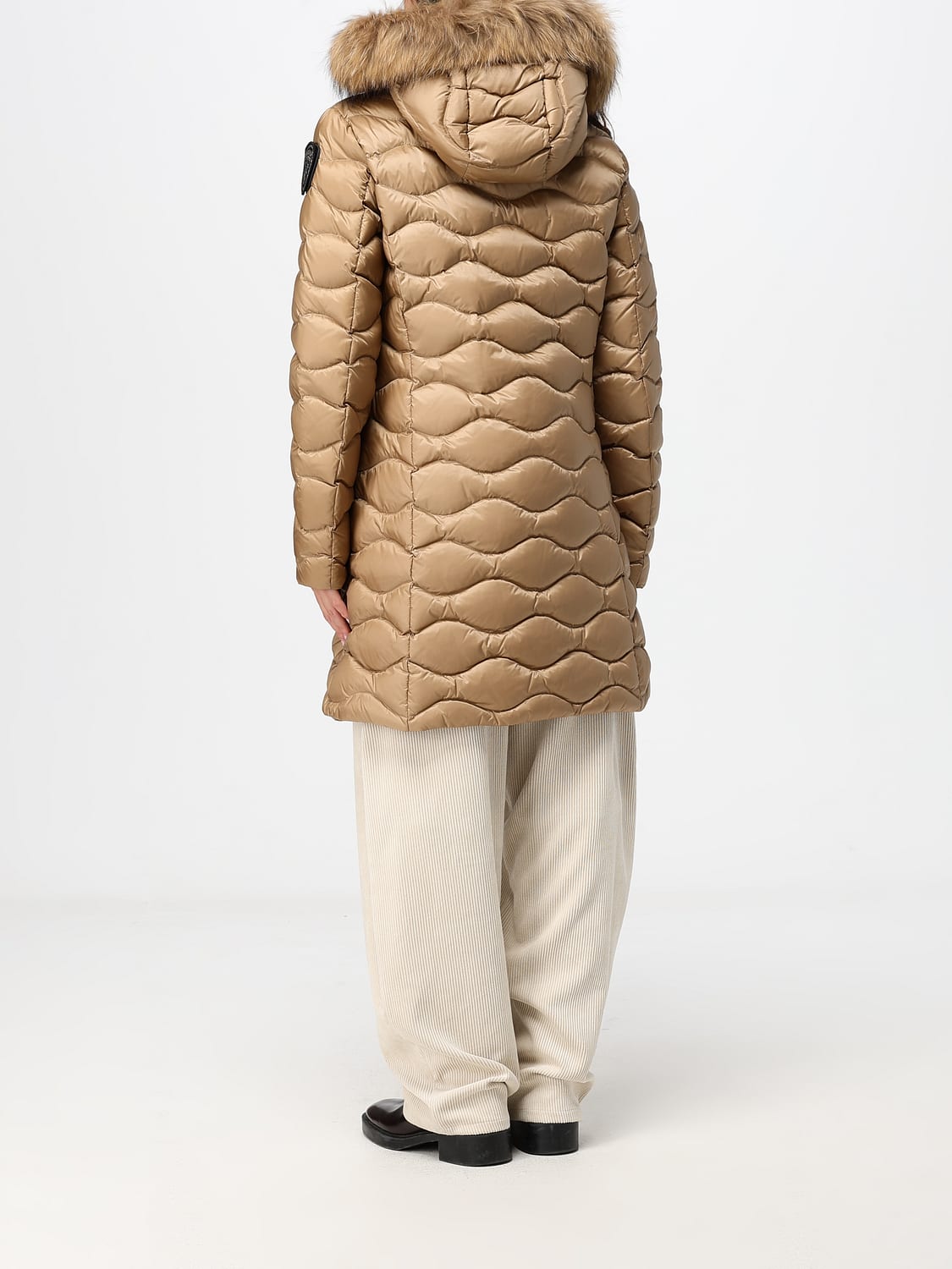 BLAUER JACKE: Lange Slim-Fit-Daunenjacke Blauer aus Nylon mit Shearling-Kapuze, Beige - Img 2
