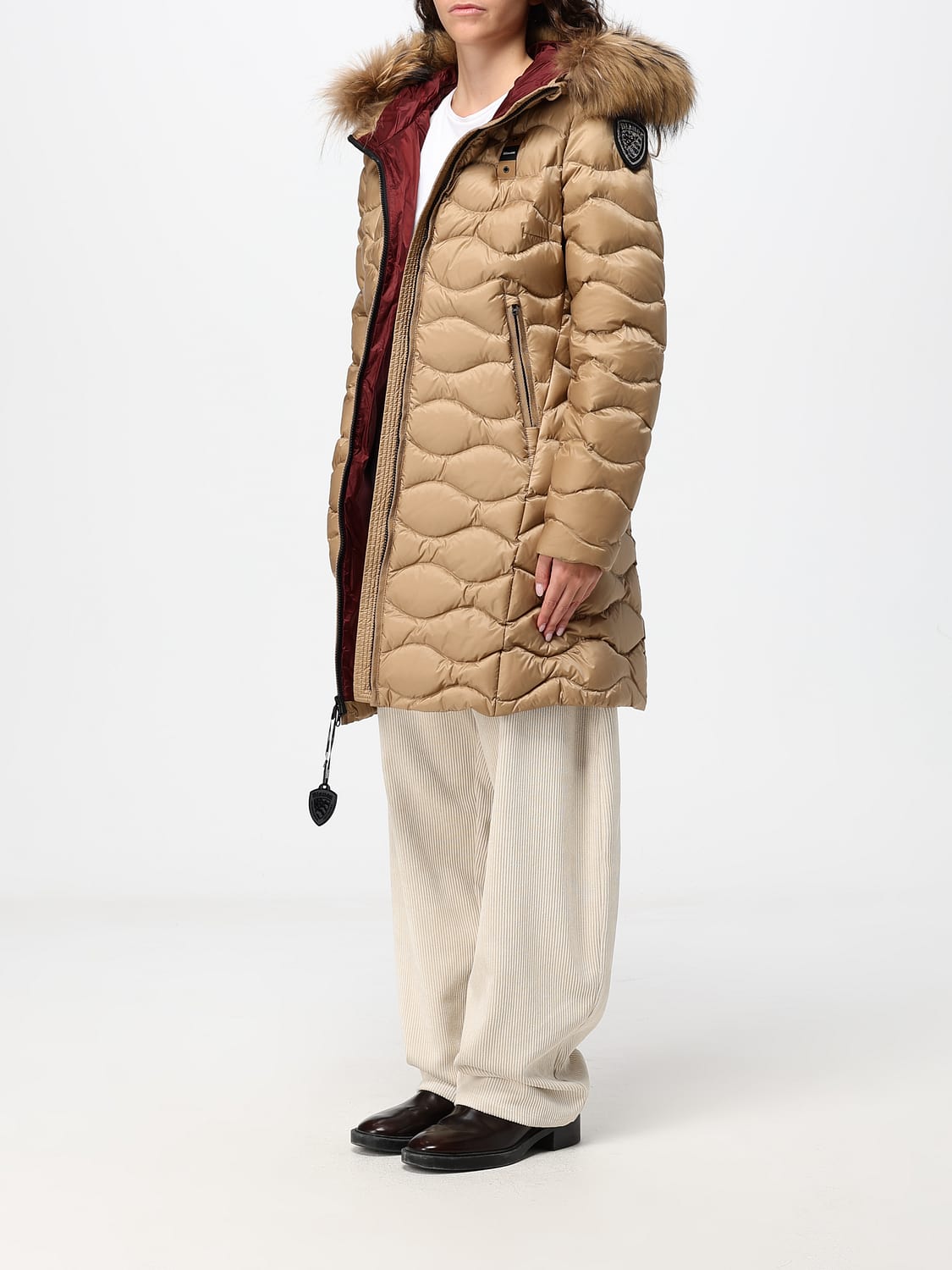 BLAUER JACKE: Lange Slim-Fit-Daunenjacke Blauer aus Nylon mit Shearling-Kapuze, Beige - Img 3