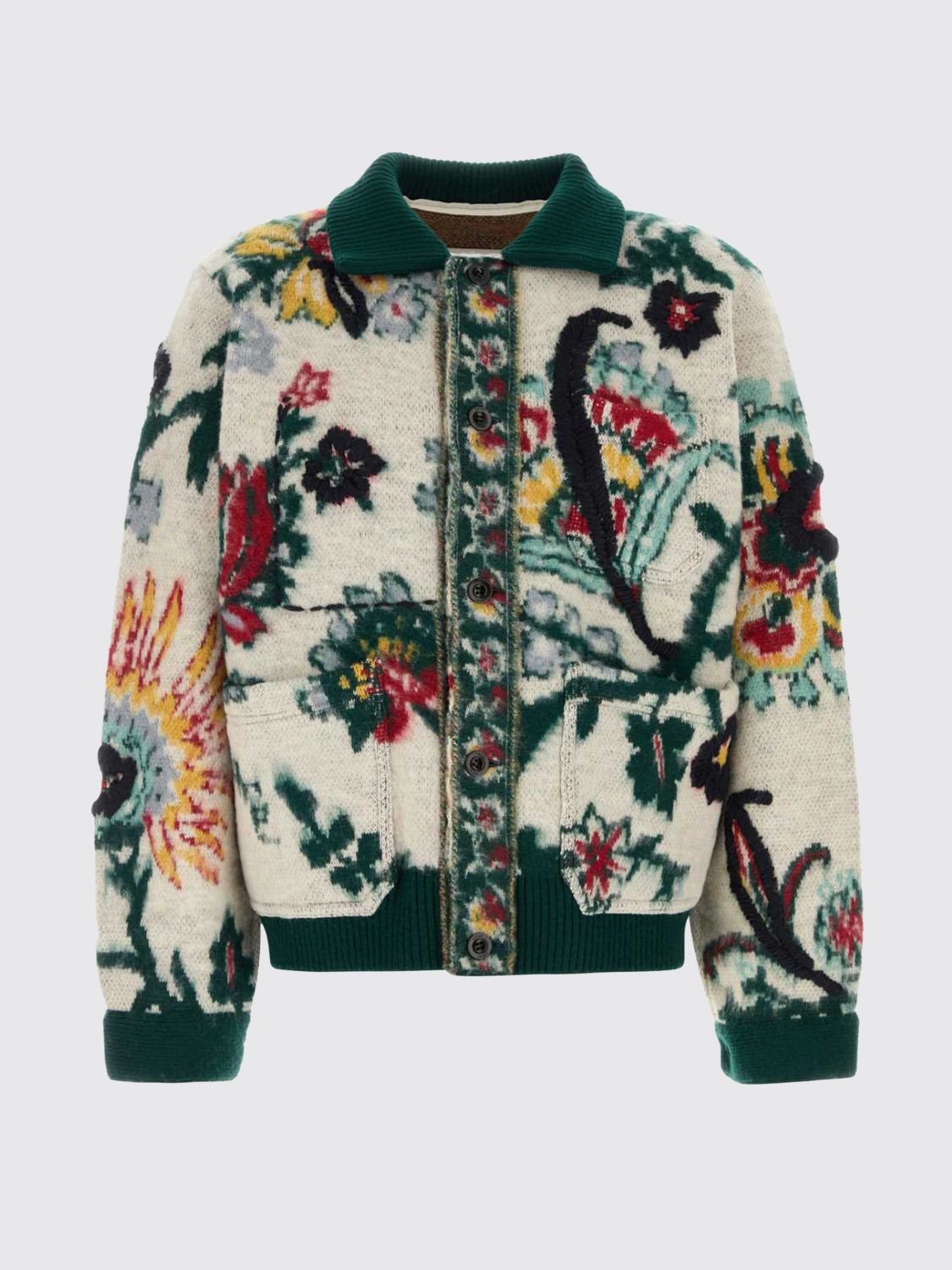 SACAI PULLOVER: Cardigan Sacai im Polo-Stil aus Wolle mit Blumenstickerei und aufgesetzter Tasche, Ivory - Img 2