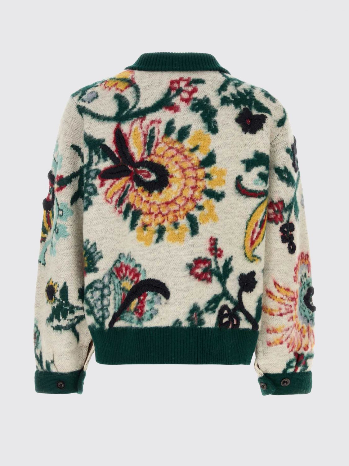 SACAI PULLOVER: Cardigan Sacai im Polo-Stil aus Wolle mit Blumenstickerei und aufgesetzter Tasche, Ivory - Img 3