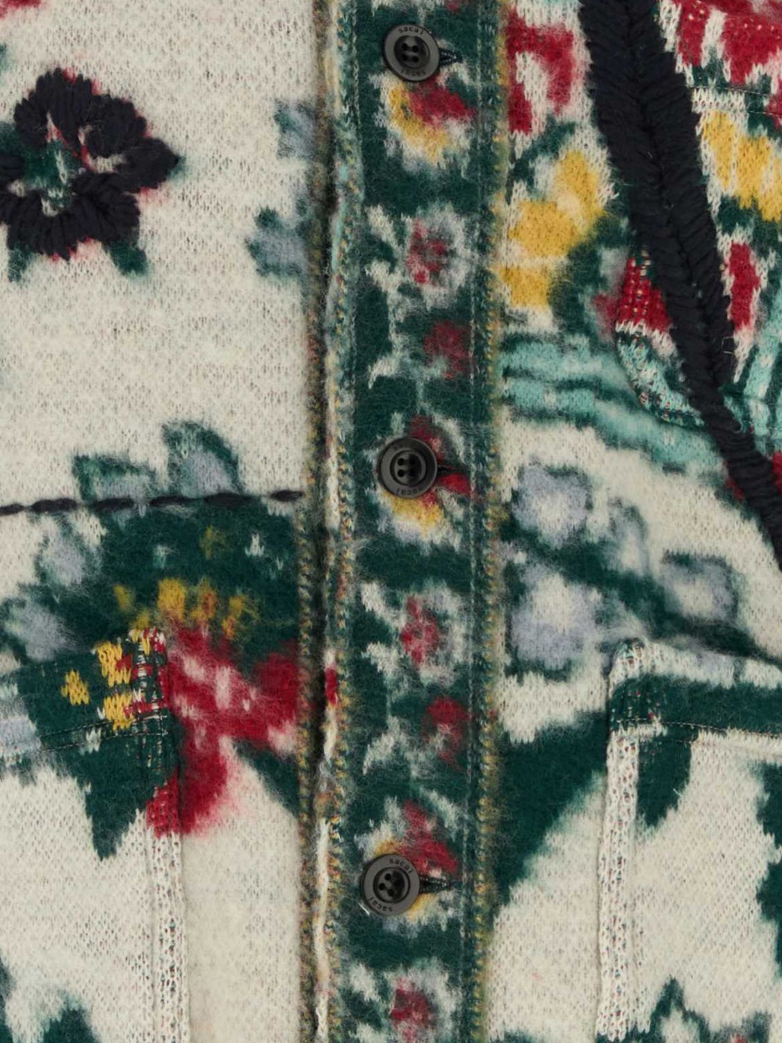 SACAI PULLOVER: Cardigan Sacai im Polo-Stil aus Wolle mit Blumenstickerei und aufgesetzter Tasche, Ivory - Img 4