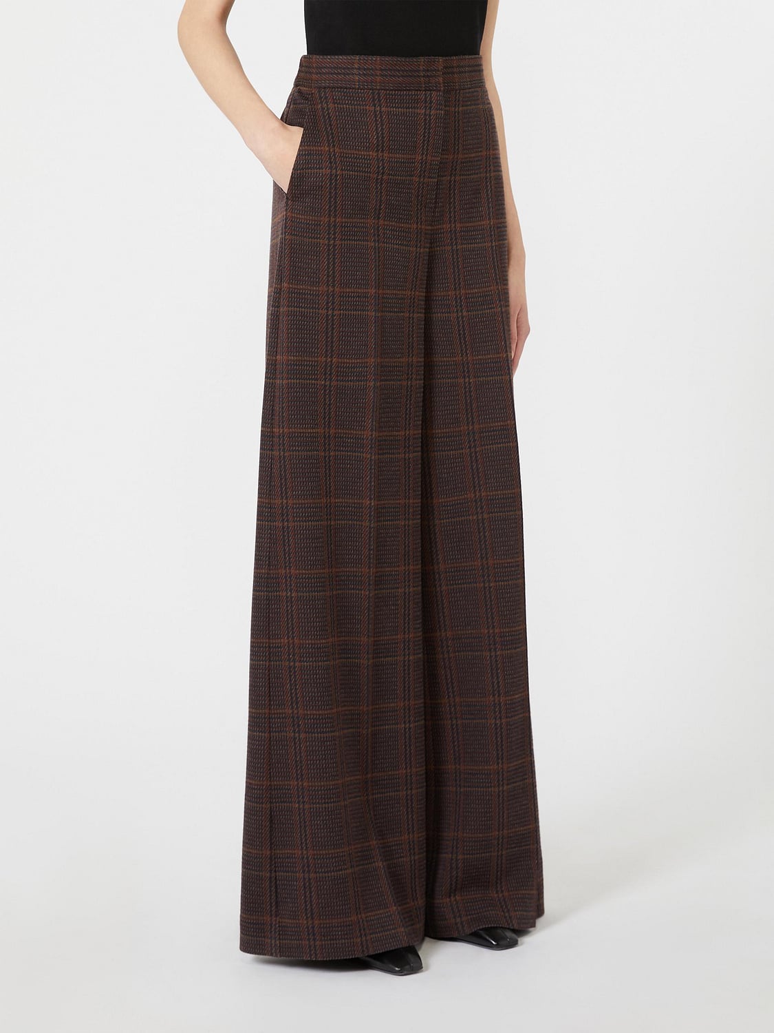 MAX MARA HOSE: High-Waist Palazzohose Max Mara mit Prince-of-Wales-Muster aus Wolle und Baumwolle, Braun - Img 1
