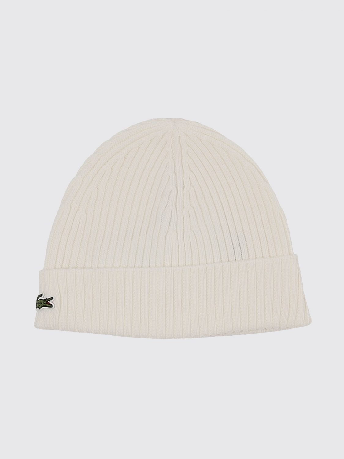 LACOSTE HAT: Lacoste Pure Wool Beanie with Cuffed Hem and Embroidered Crocodile Logo, Ivory - Img 1