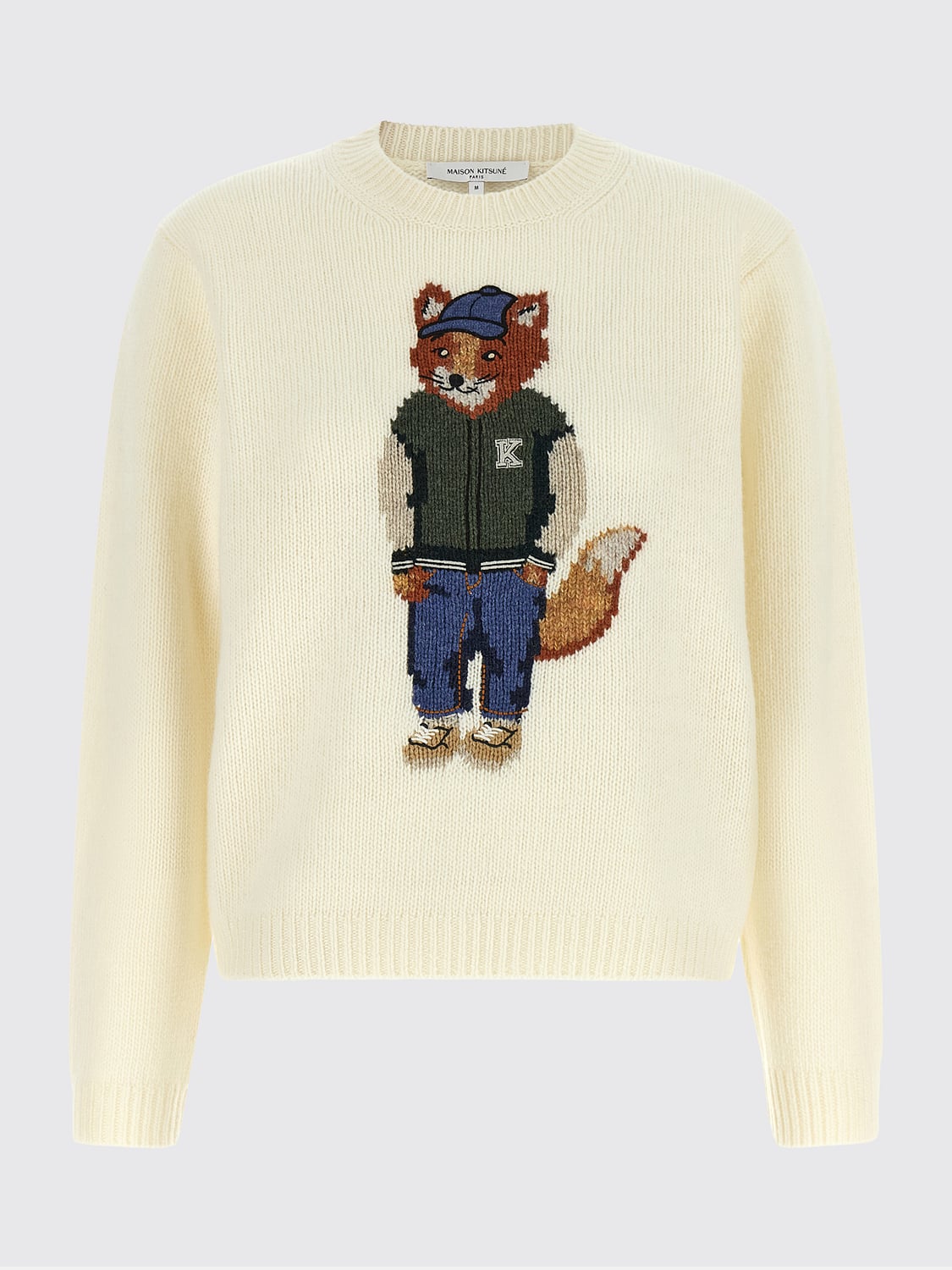 MAISON KITSUNÉ PULLOVER: Maison Kitsuné Wollpullover mit Rundhals und Chillax Fox-Logopatch, Weiß - Img 2