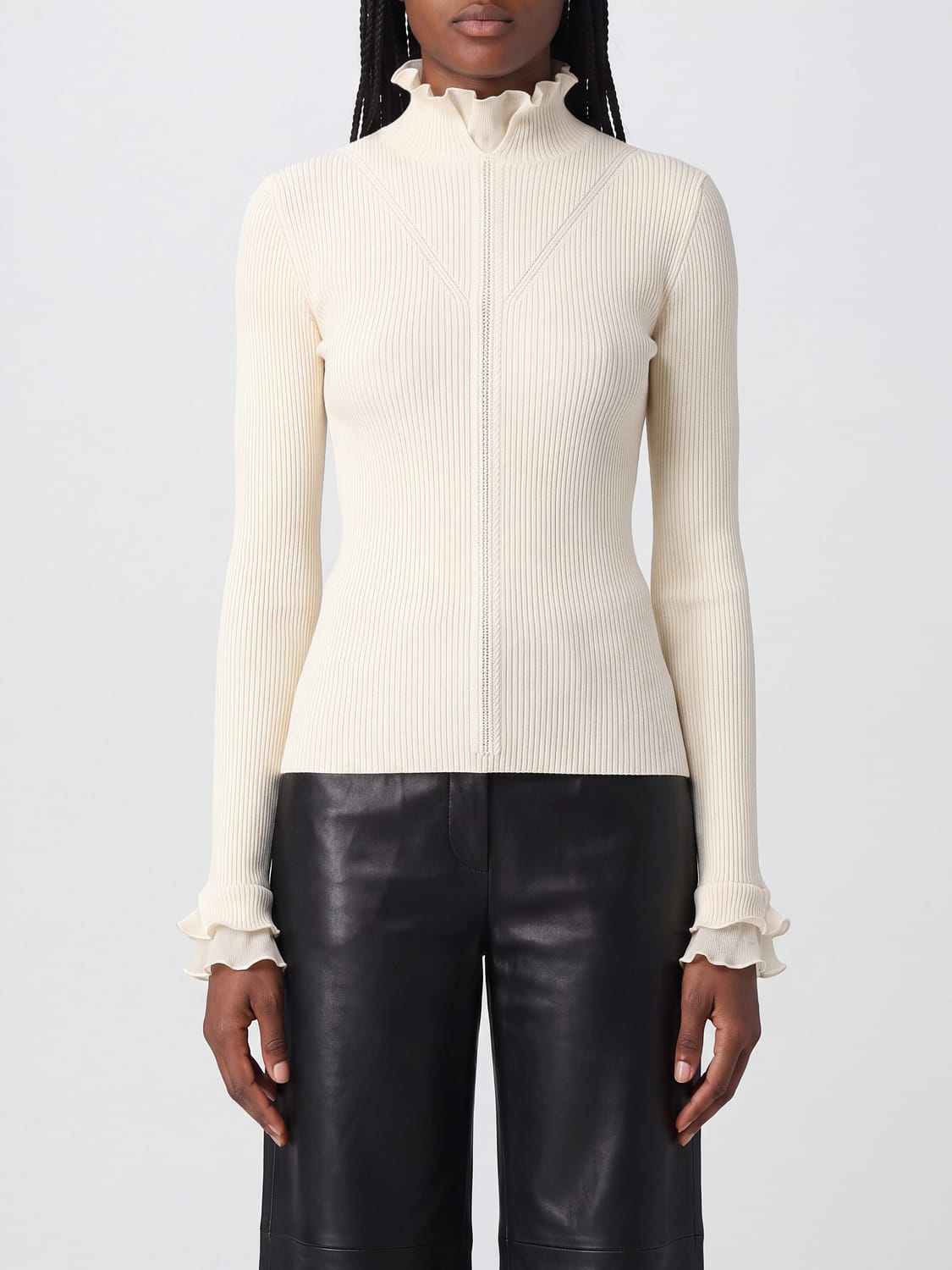 LIU JO MAGLIA: Dolcevita Liu Jo slim fit in lana con rouches e polsini svasati, Bianco - Img 1