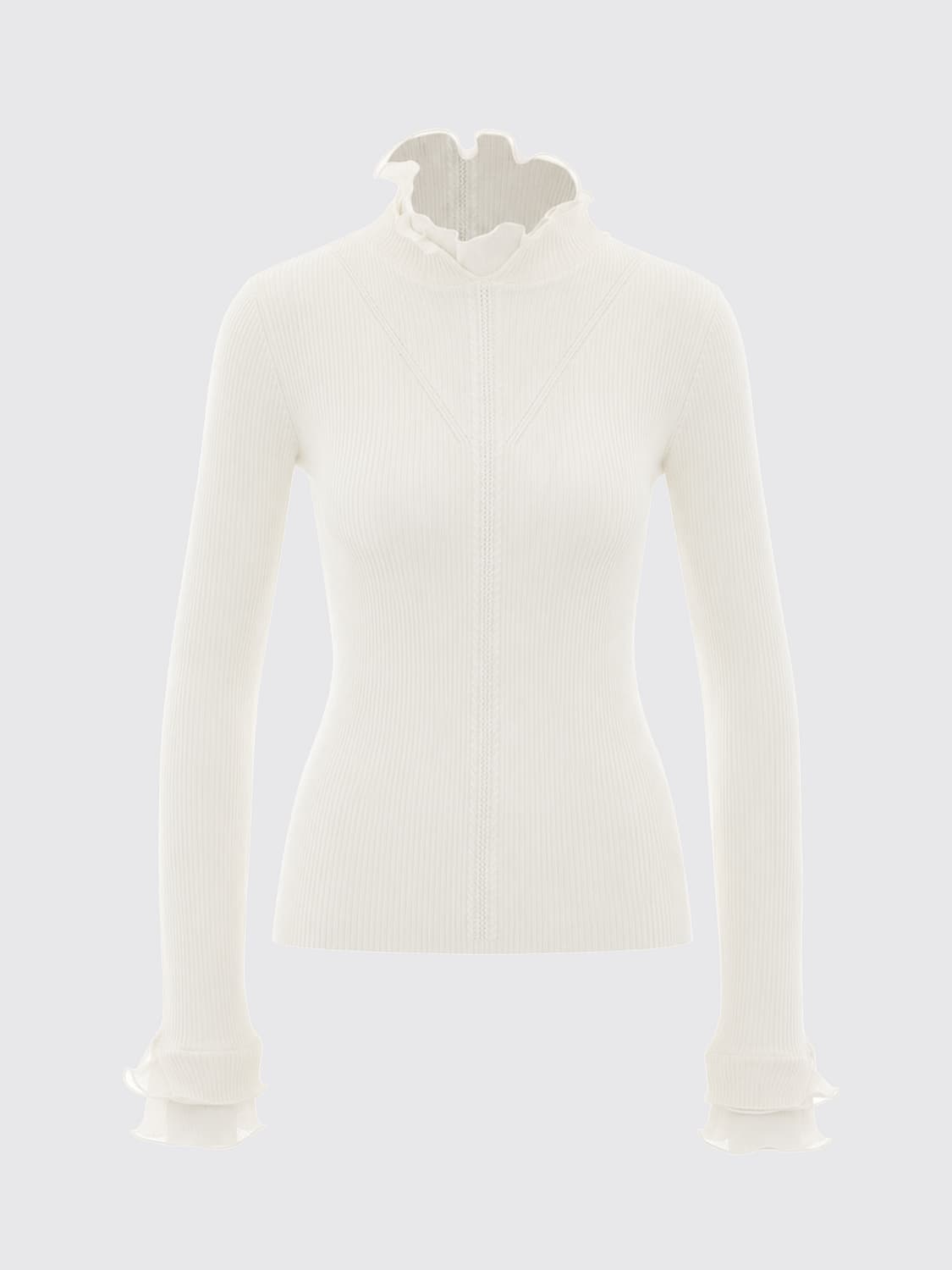 LIU JO MAGLIA: Dolcevita Liu Jo slim fit in lana con rouches e polsini svasati, Bianco - Img 2