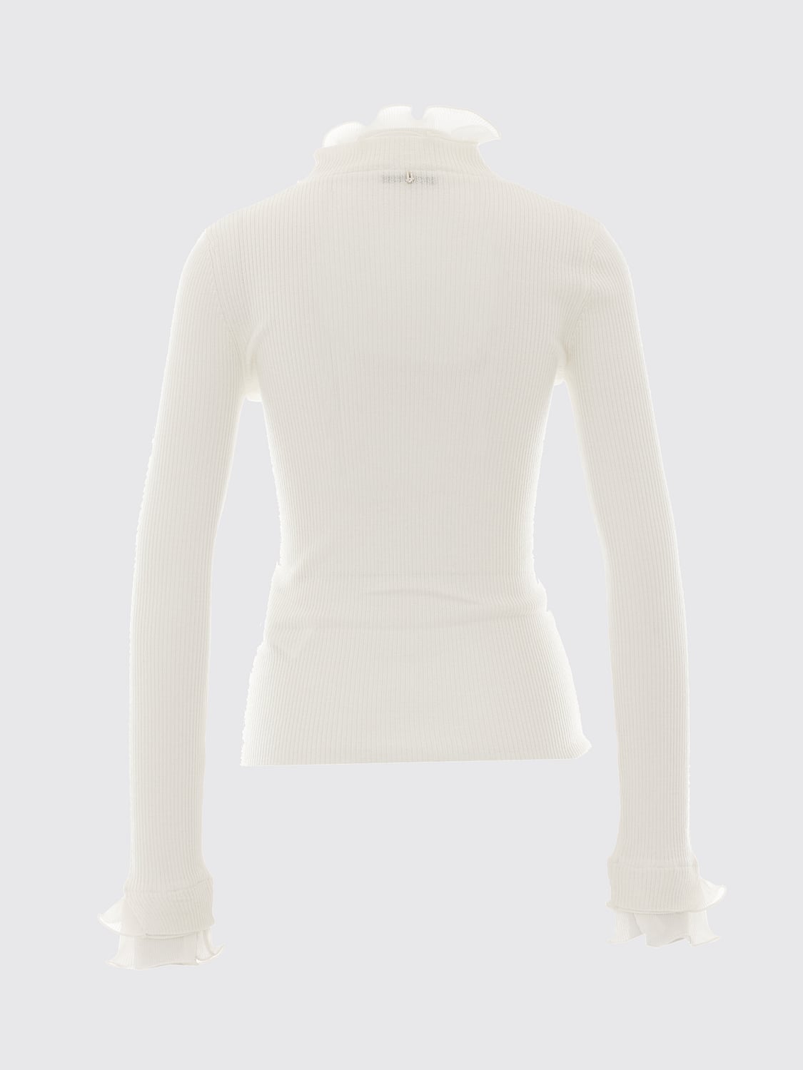 LIU JO MAGLIA: Dolcevita Liu Jo slim fit in lana con rouches e polsini svasati, Bianco - Img 3
