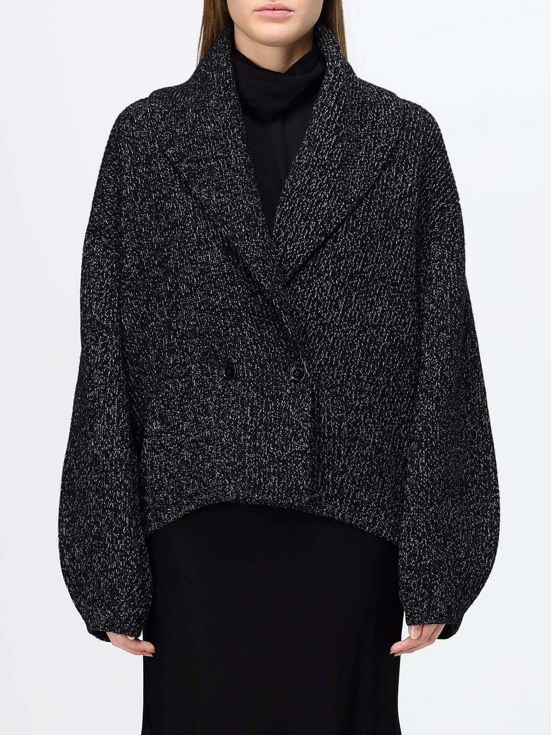 TOTEME PULLOVER: Zweireihiger Cardigan Toteme aus Wolle und Baumwolle mit Schalkragen und Ballonärmeln, Schwarz - Img 1