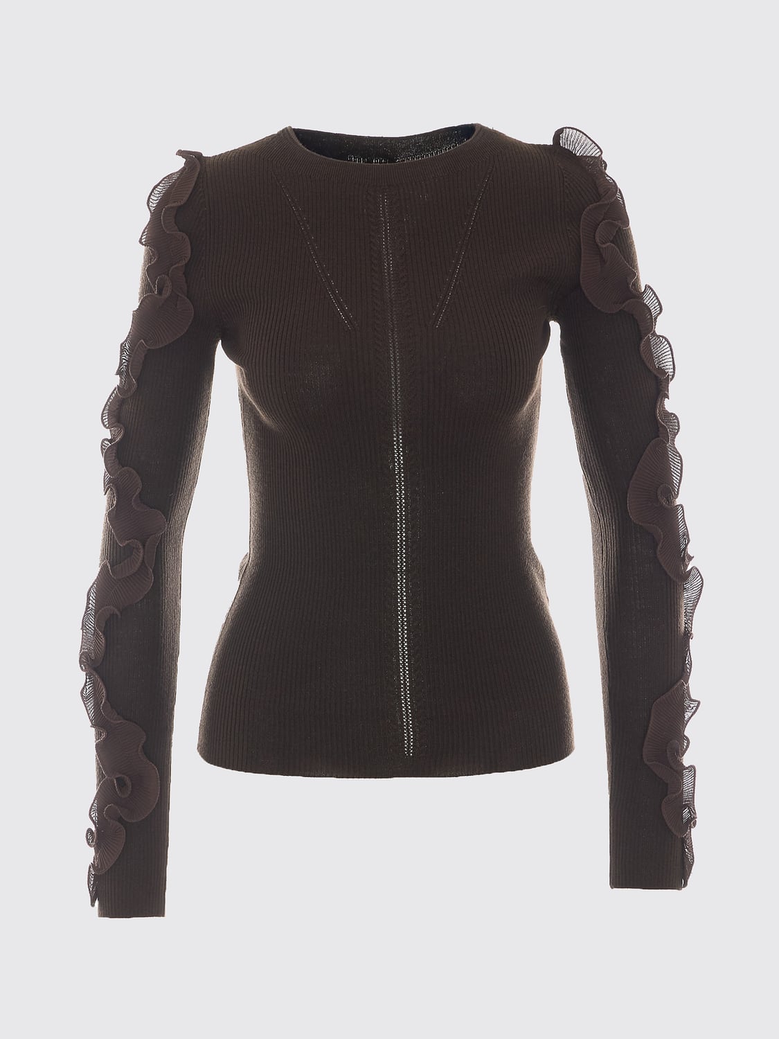 LIU JO PULL: Pull Liu Jo coupe slim à col rond en laine avec volants et broderies, Marron - Img 2