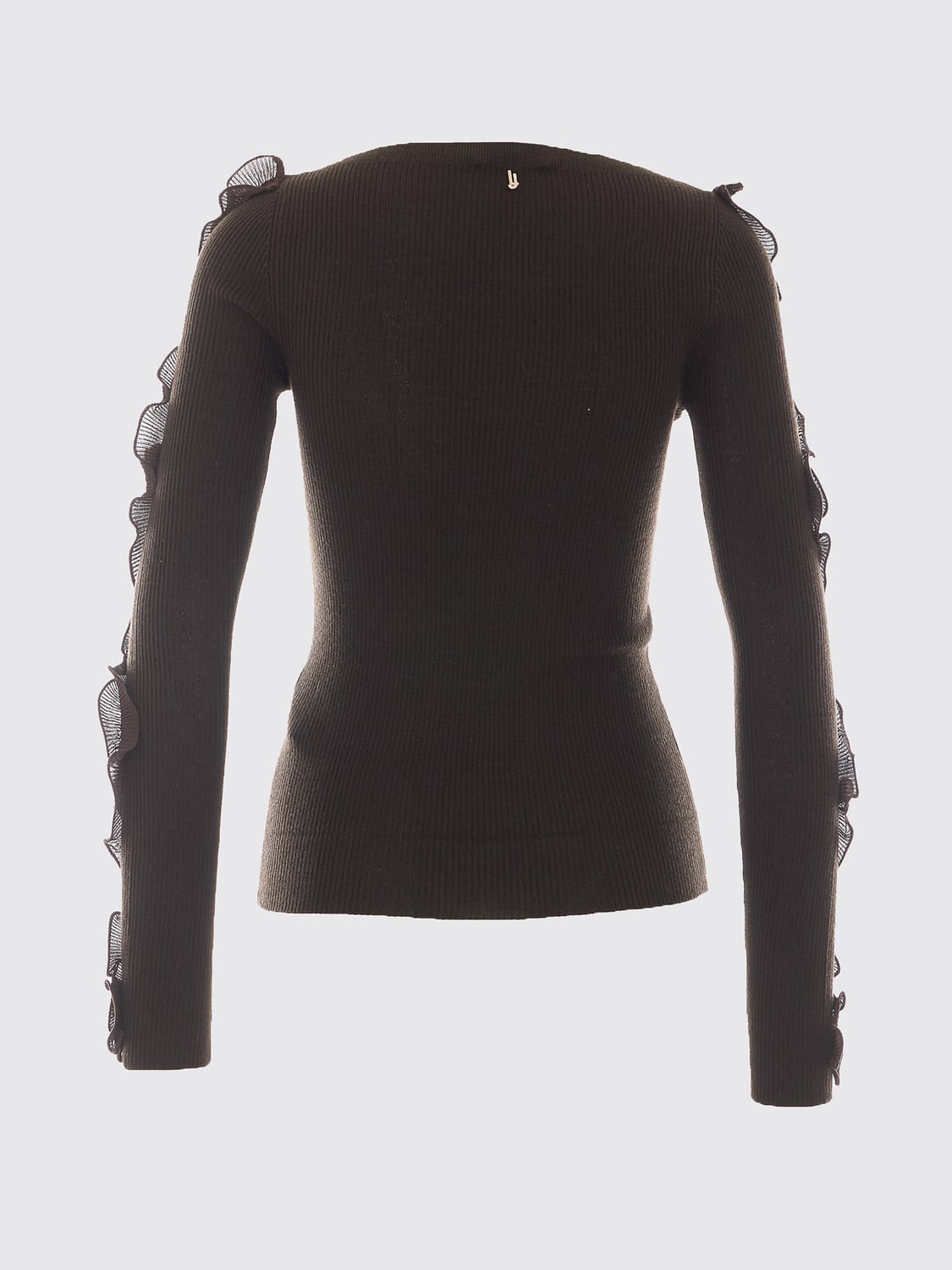 LIU JO PULL: Pull Liu Jo coupe slim à col rond en laine avec volants et broderies, Marron - Img 3