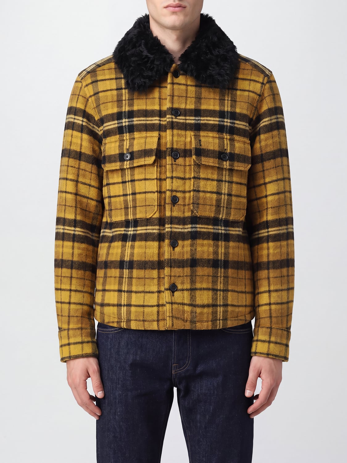 FENDI JACKET: Tartan Wool Shirt Jacket Fendi with Fur Collar and Button Closure, Yellow - Img 1
