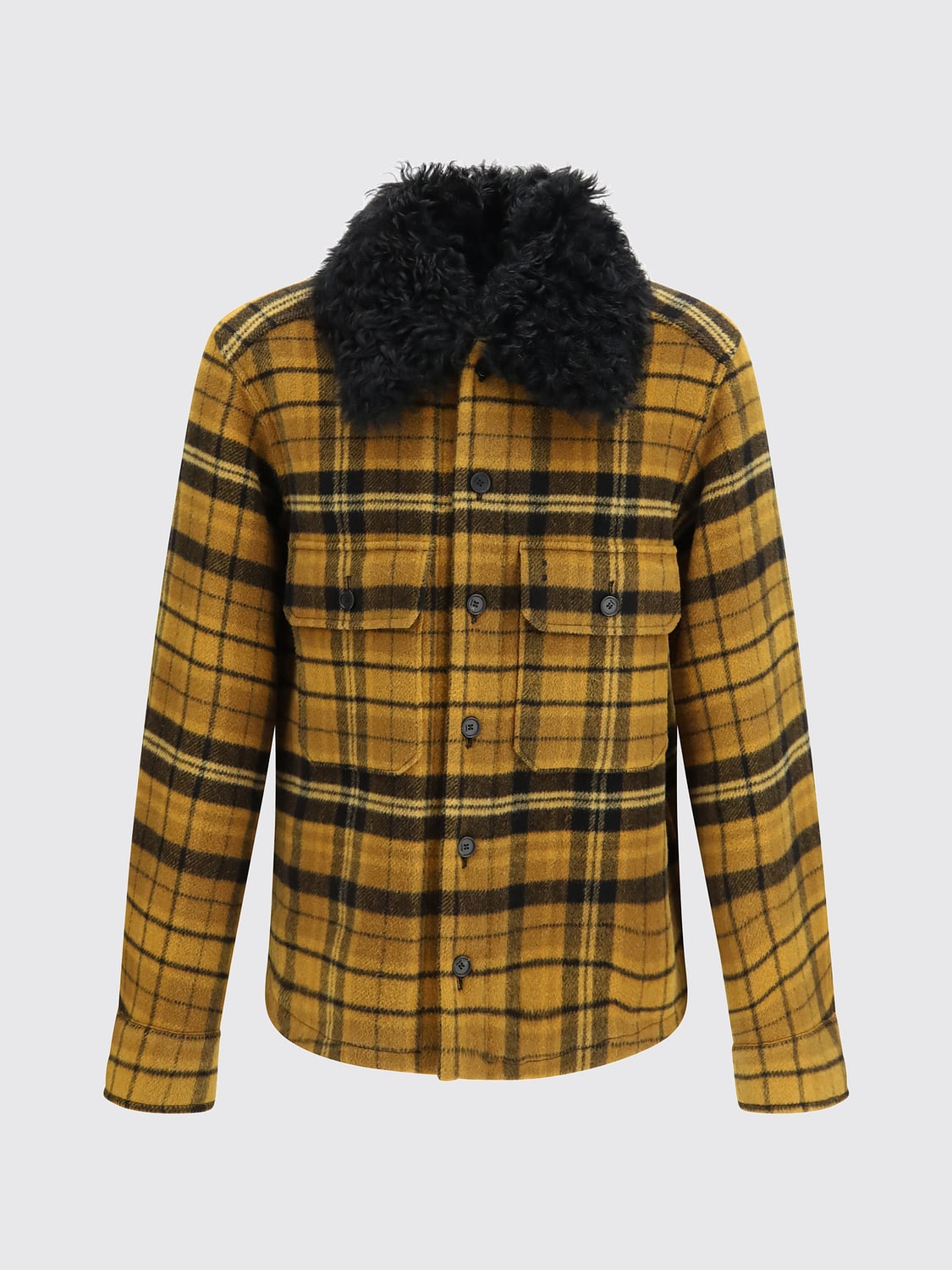 FENDI JACKET: Tartan Wool Shirt Jacket Fendi with Fur Collar and Button Closure, Yellow - Img 2