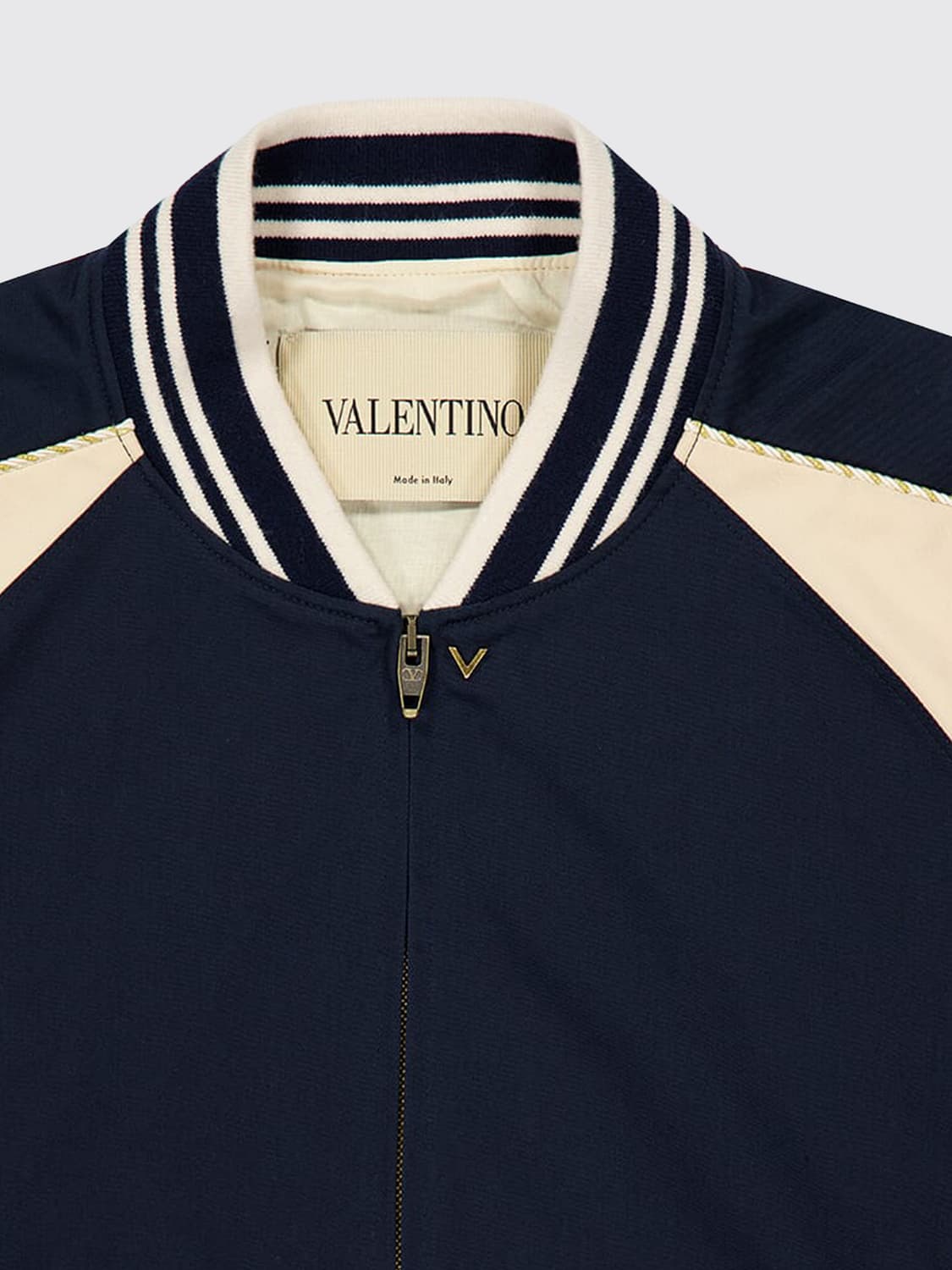 VALENTINO GARAVANI JACKET: Valentino Garavani Cotton Bomber Jacket with Abstract Pattern and College Collar, Navy - Img 4