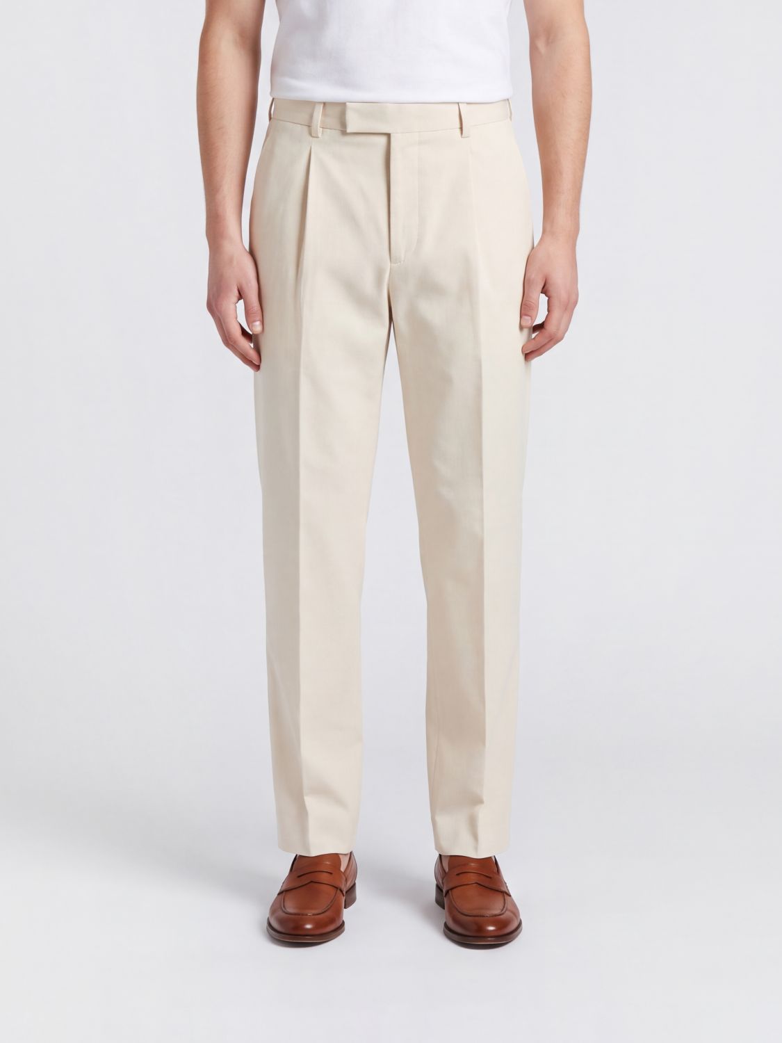 ZEGNA PANTS: Zegna Slim Fit Pleated Cotton and Cashmere Tailored Trousers, Yellow Cream - Img 1