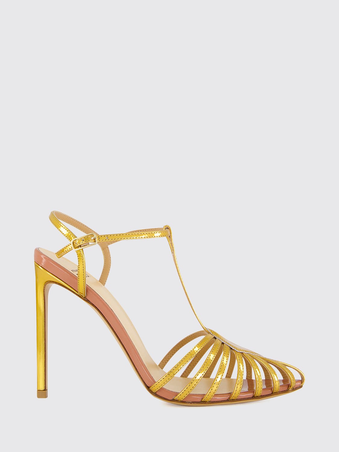 FRANCESCO RUSSO SANDALEN MIT ABSATZ: T-Strap-Sandalen aus laminiertem Leder von Francesco Russo mit hohem Stiletto-Absatz, Gold - Img 1